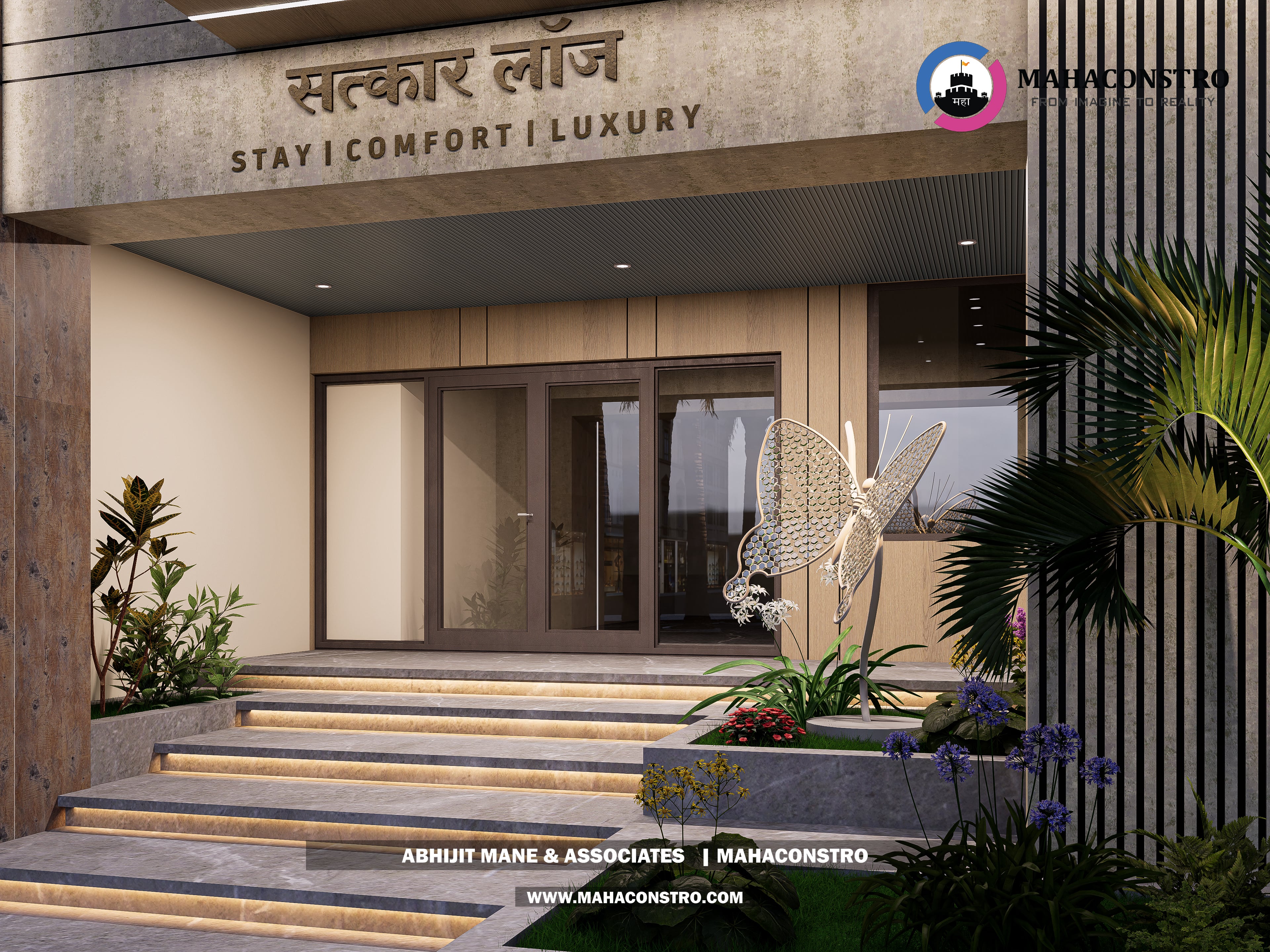 Contemporary luxury lodge architecture at Satkar Lodge in Tembhurni, Solapur, designed by Mahaconstro Architects