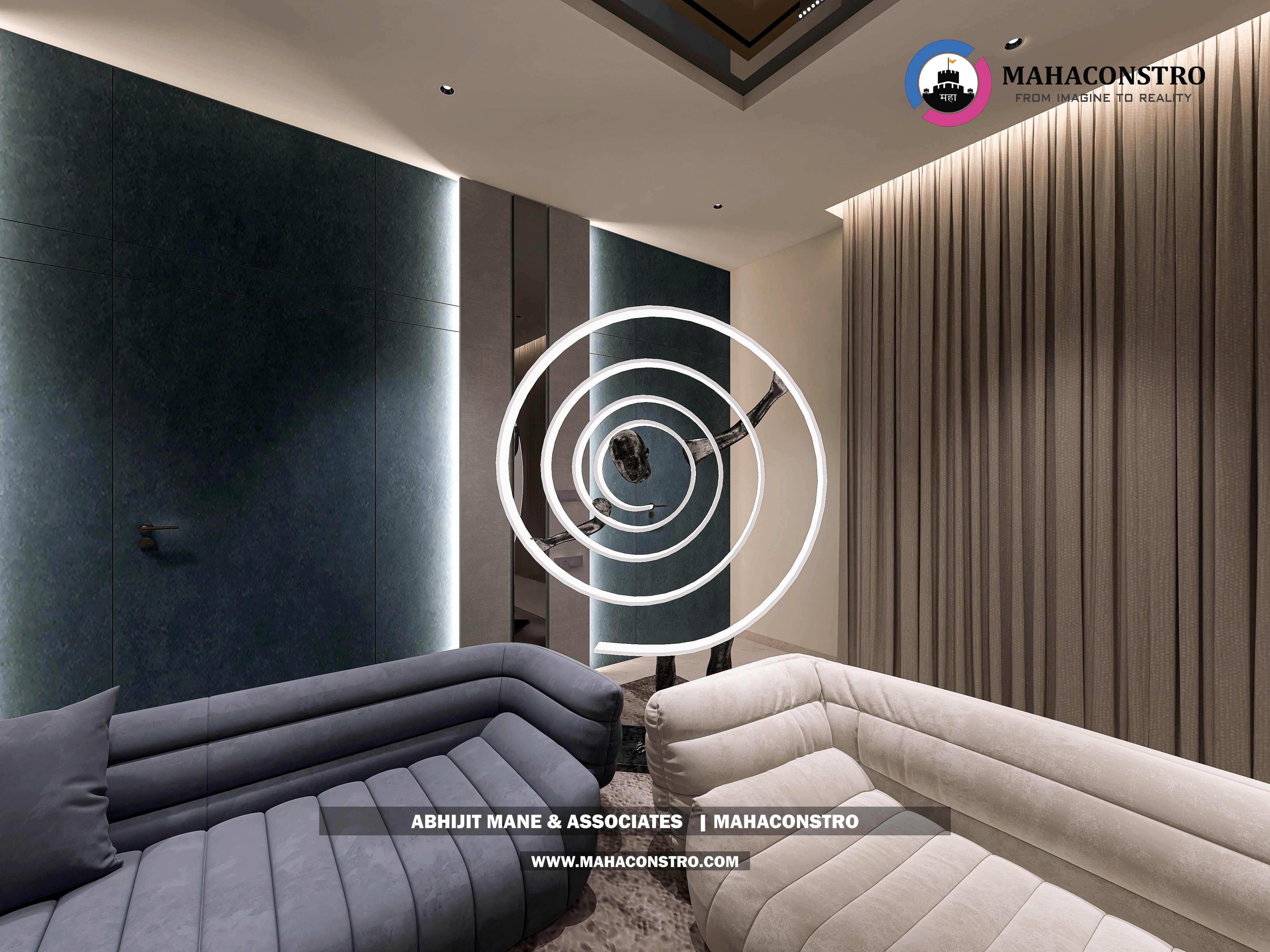 Ultra-luxury bungalow lounge in Parite, Solapur, featuring designer seating, a decorative water feature, and statement ceiling lighting by Mahaconstro Architects.