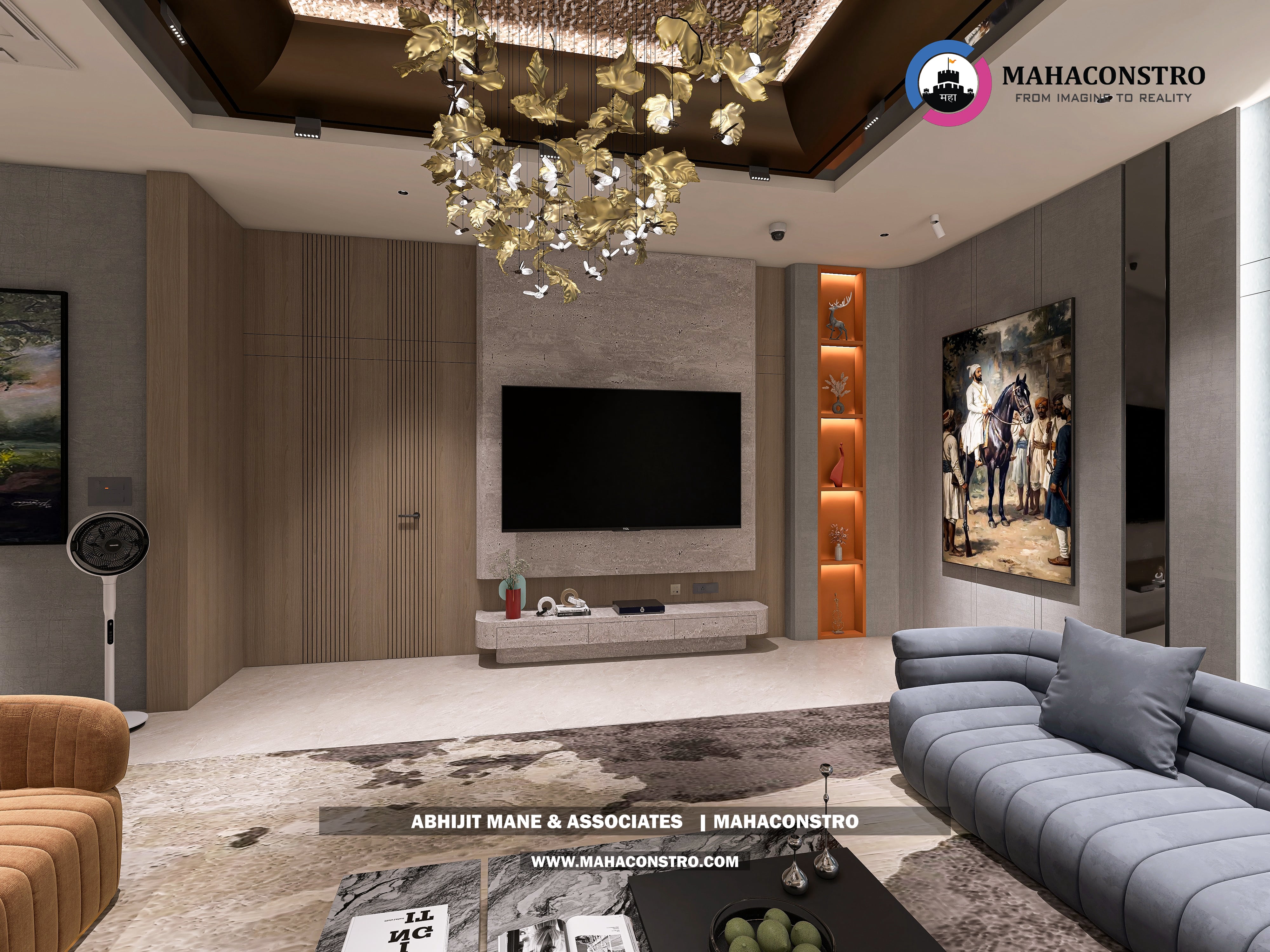 Ultra-luxury bungalow lounge in Parite, Solapur, featuring designer seating, a decorative water feature, and statement ceiling lighting by Mahaconstro Architects.