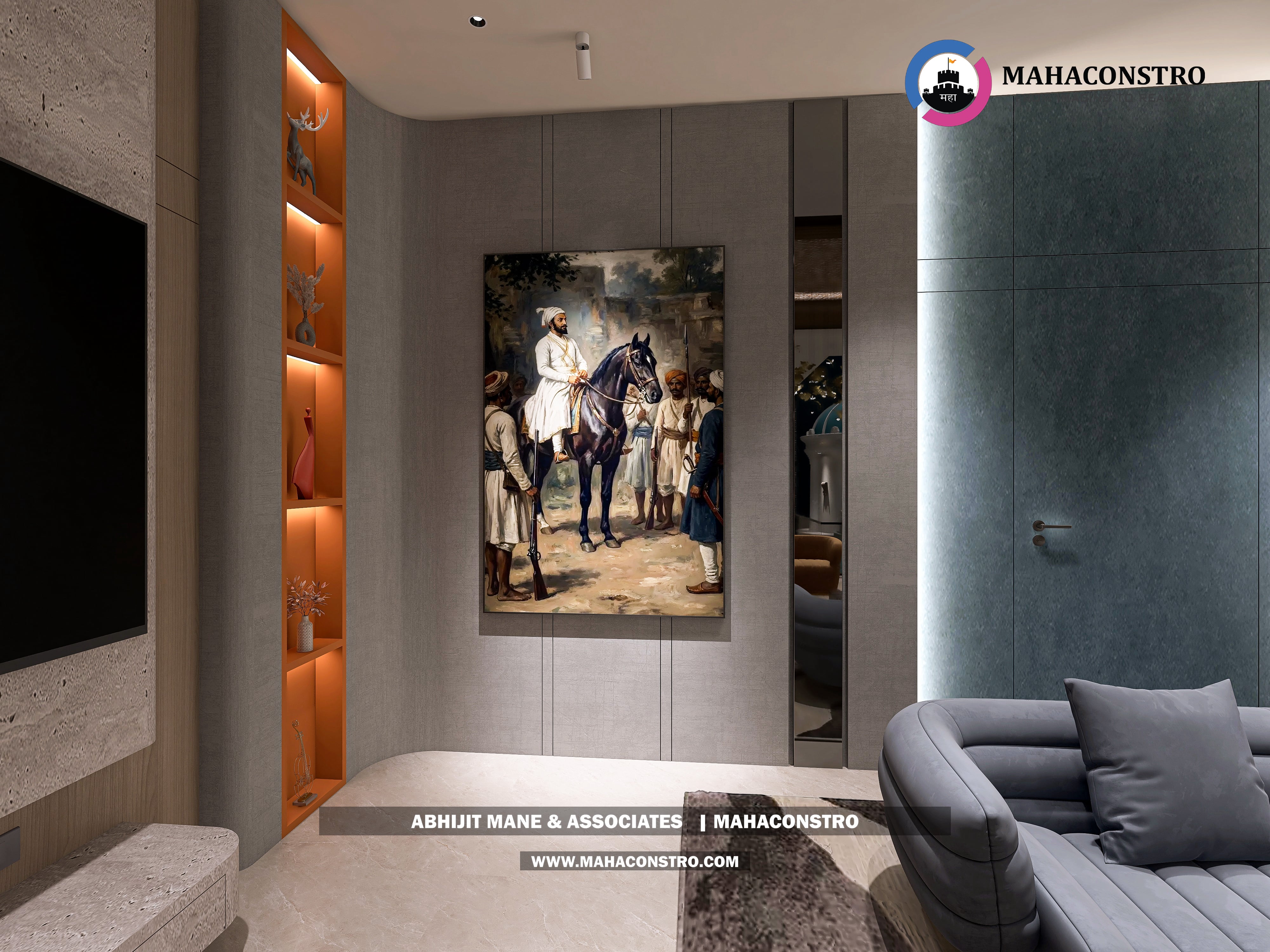 Ultra-luxury bungalow lounge in Parite, Solapur, featuring designer seating, a decorative water feature, and statement ceiling lighting by Mahaconstro Architects.