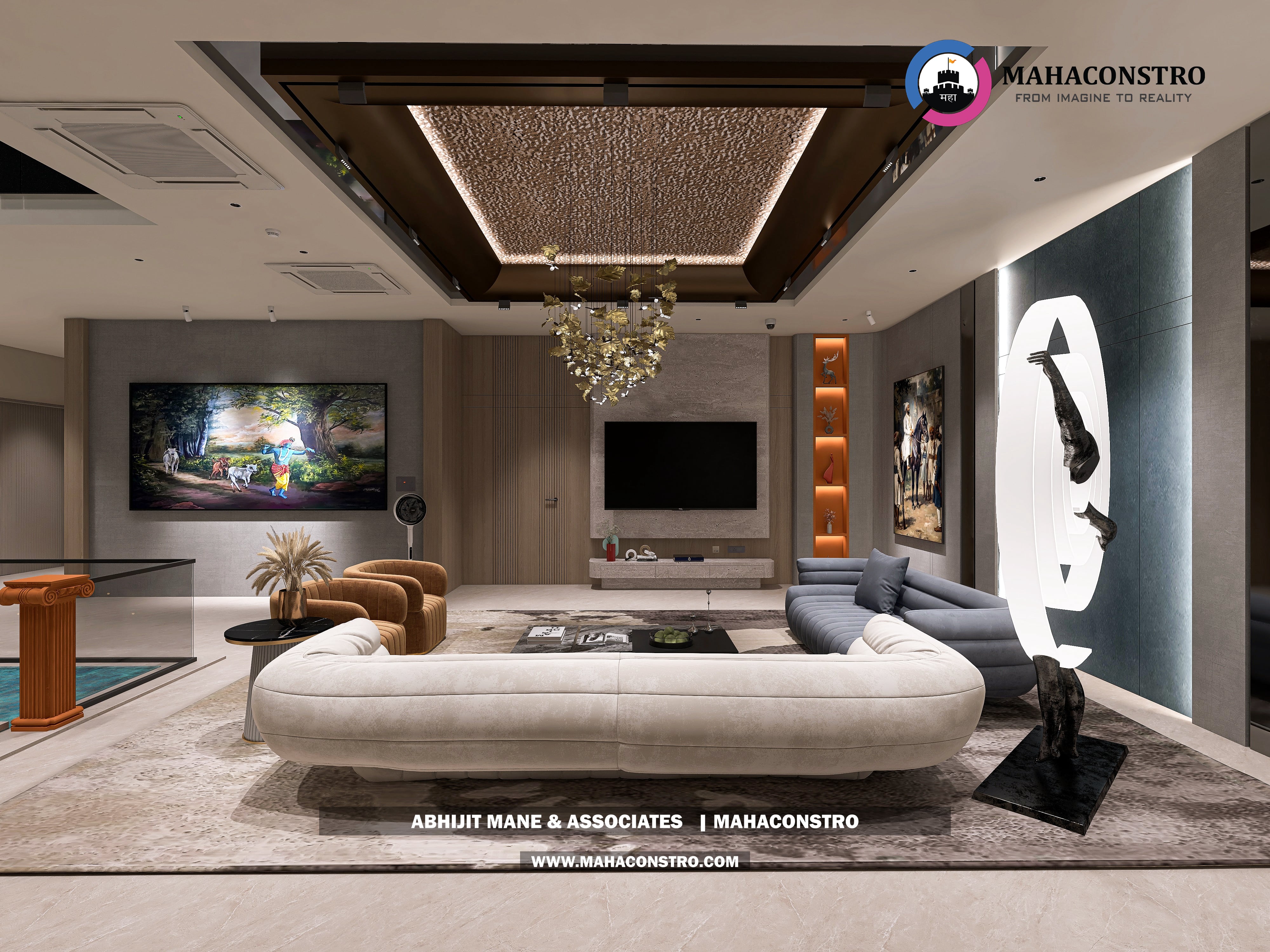 Ultra-luxury bungalow lounge in Parite, Solapur, featuring designer seating, a decorative water feature, and statement ceiling lighting by Mahaconstro Architects.