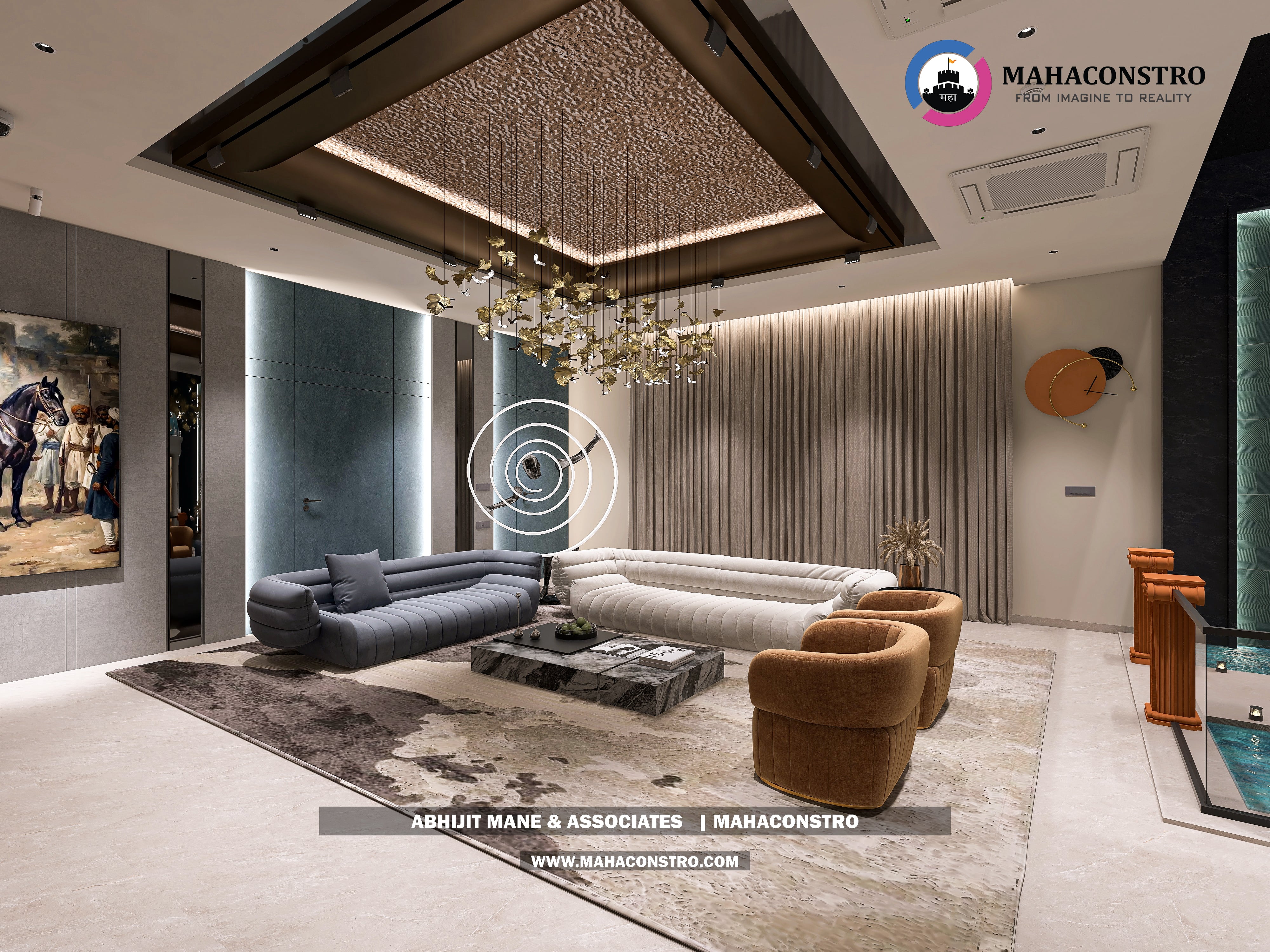 Ultra-luxury bungalow lounge in Parite, Solapur, featuring designer seating, a decorative water feature, and statement ceiling lighting by Mahaconstro Architects.