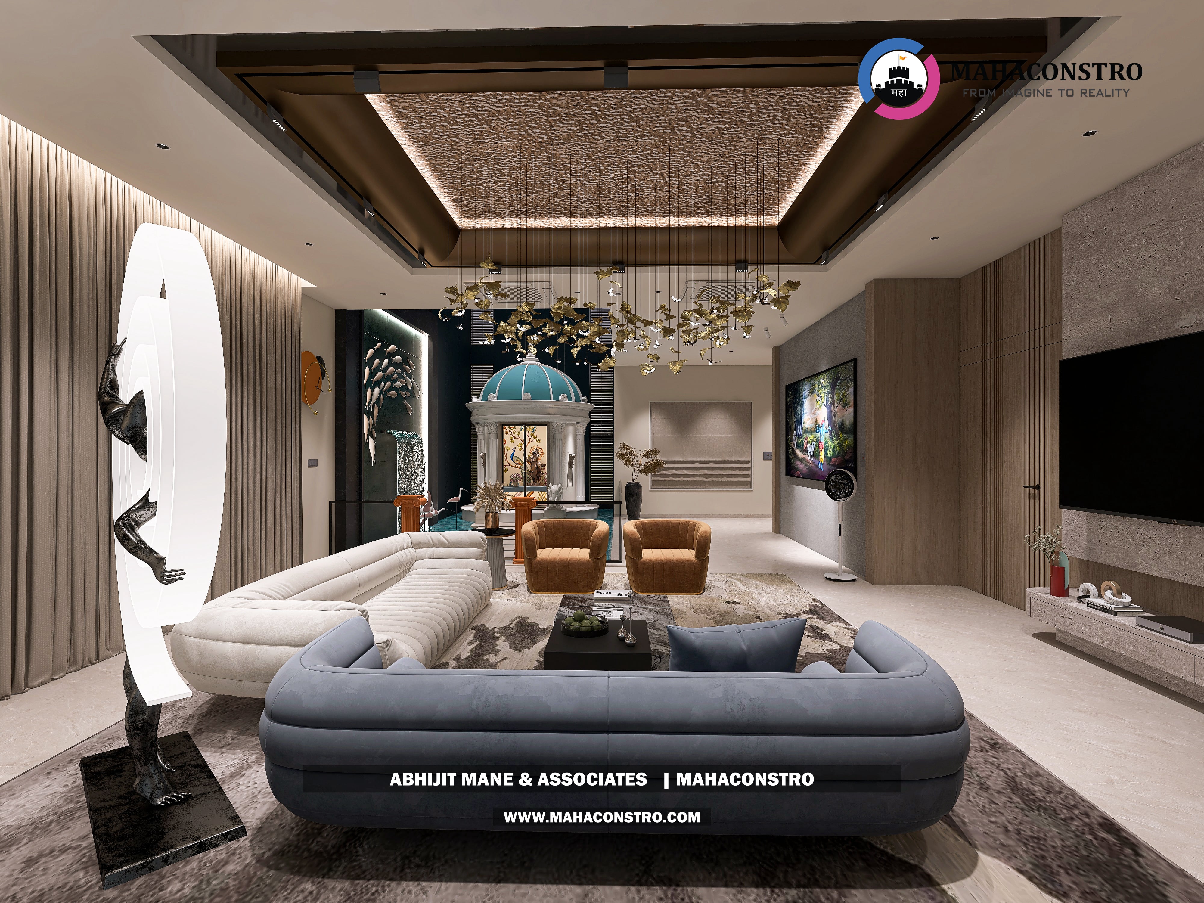 Ultra-luxury bungalow lounge in Parite, Solapur, featuring designer seating, a decorative water feature, and statement ceiling lighting by Mahaconstro Architects.