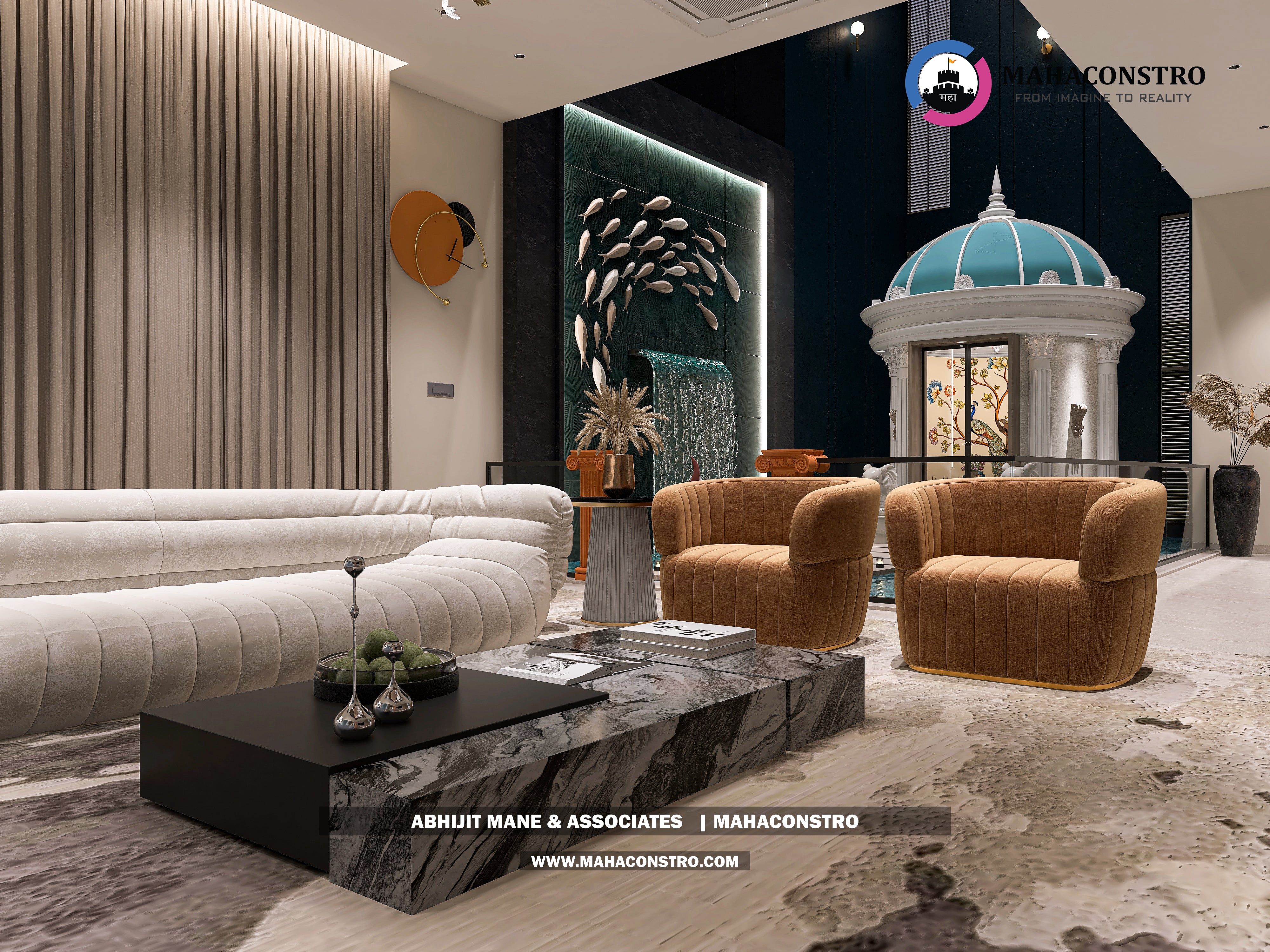 Ultra-luxury bungalow lounge in Parite, Solapur, featuring designer seating, a decorative water feature, and statement ceiling lighting by Mahaconstro Architects.