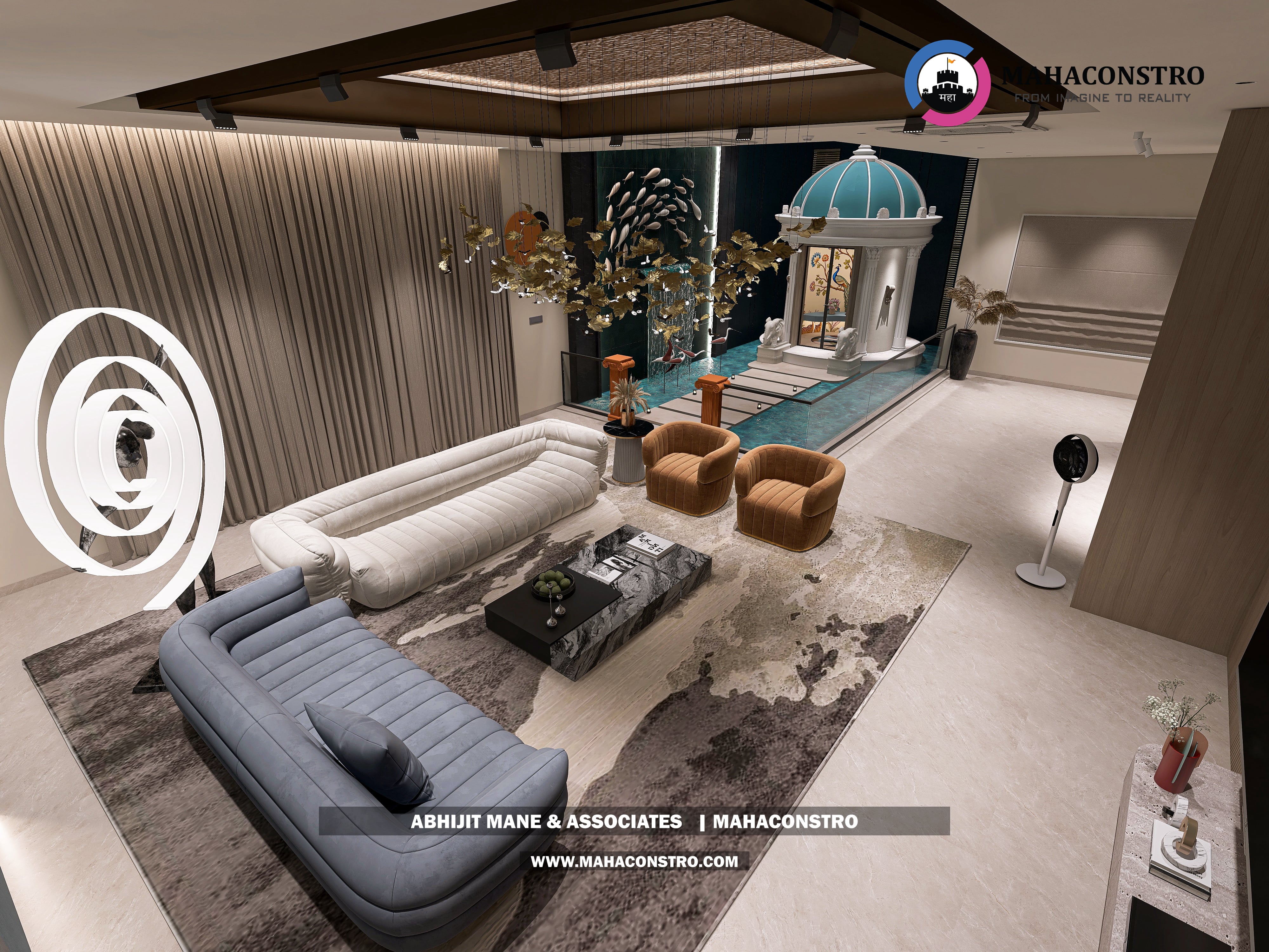 Ultra-luxury bungalow lounge in Parite, Solapur, featuring designer seating, a decorative water feature, and statement ceiling lighting by Mahaconstro Architects.