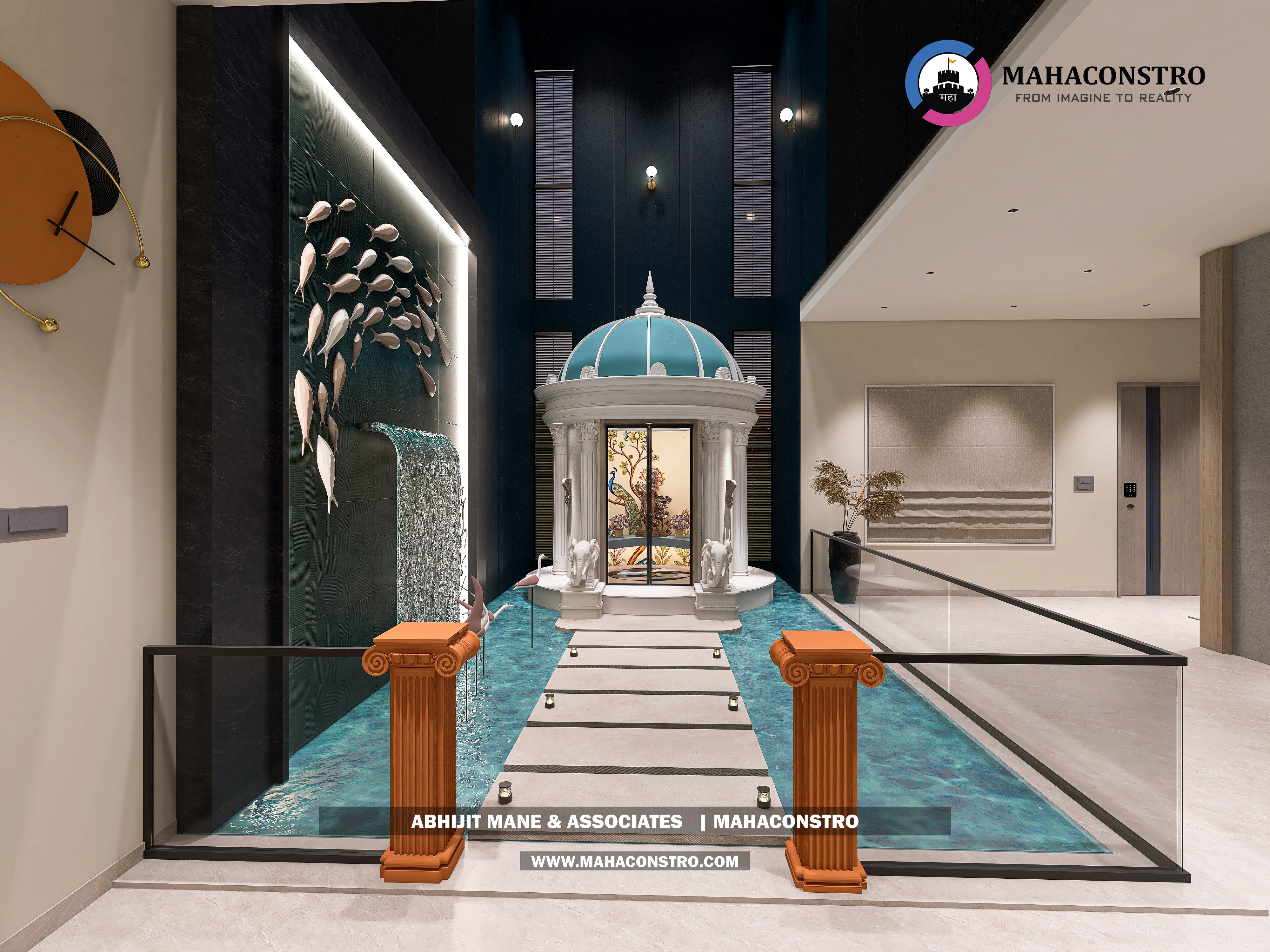 Ultra-luxury bungalow lounge in Parite, Solapur, featuring designer seating, a decorative water feature, and statement ceiling lighting by Mahaconstro Architects.