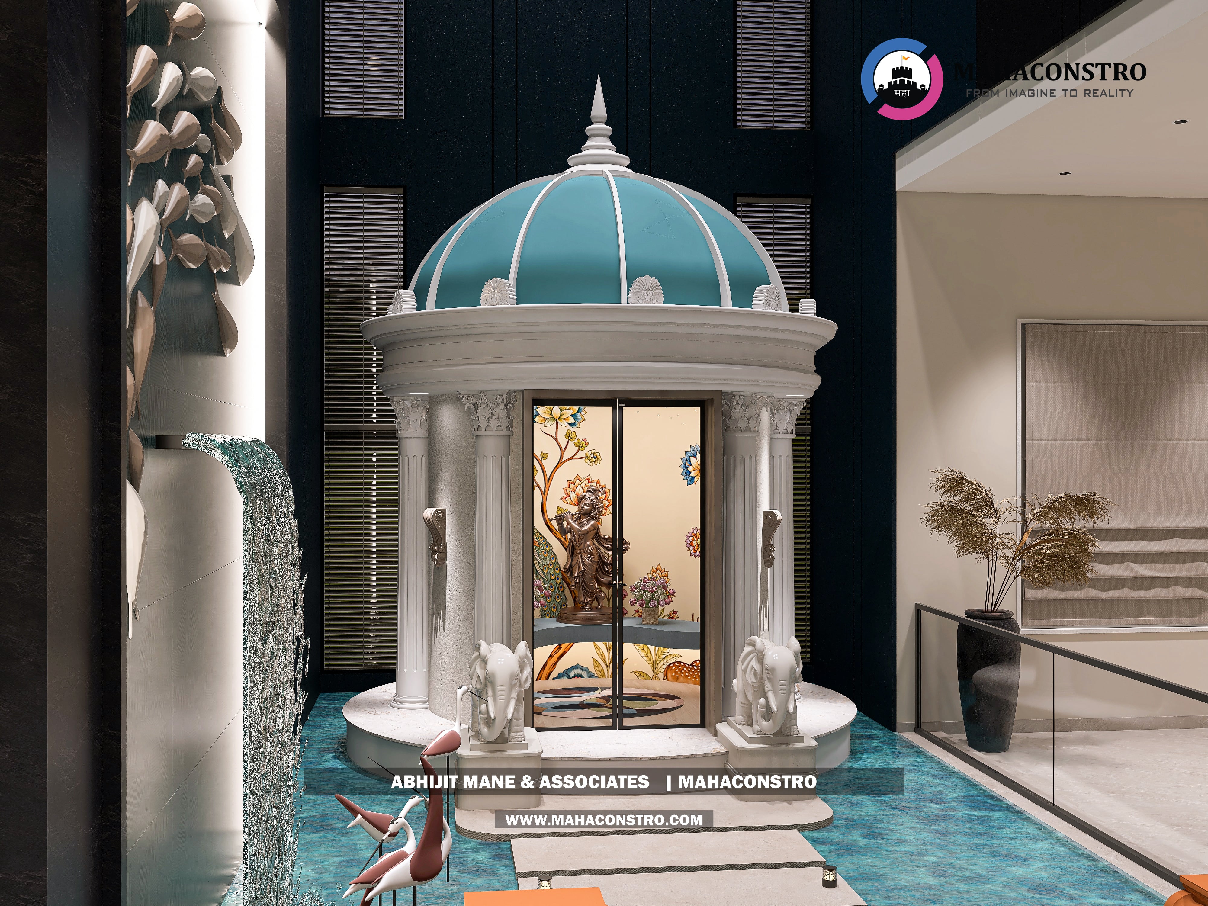 Ultra-luxury bungalow lounge in Parite, Solapur, featuring designer seating, a decorative water feature, and statement ceiling lighting by Mahaconstro Architects.