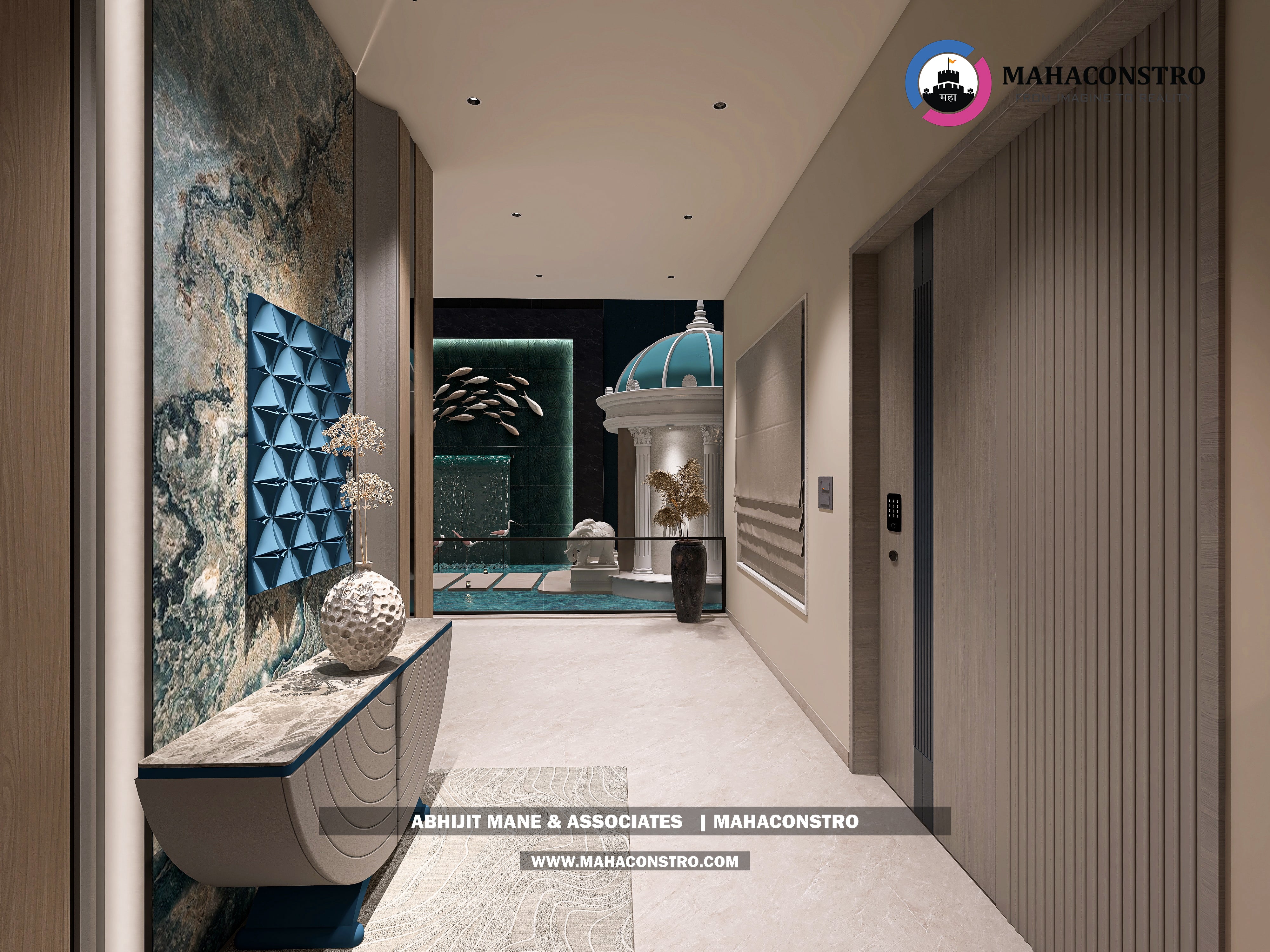 Ultra-luxury bungalow lounge in Parite, Solapur, featuring designer seating, a decorative water feature, and statement ceiling lighting by Mahaconstro Architects.