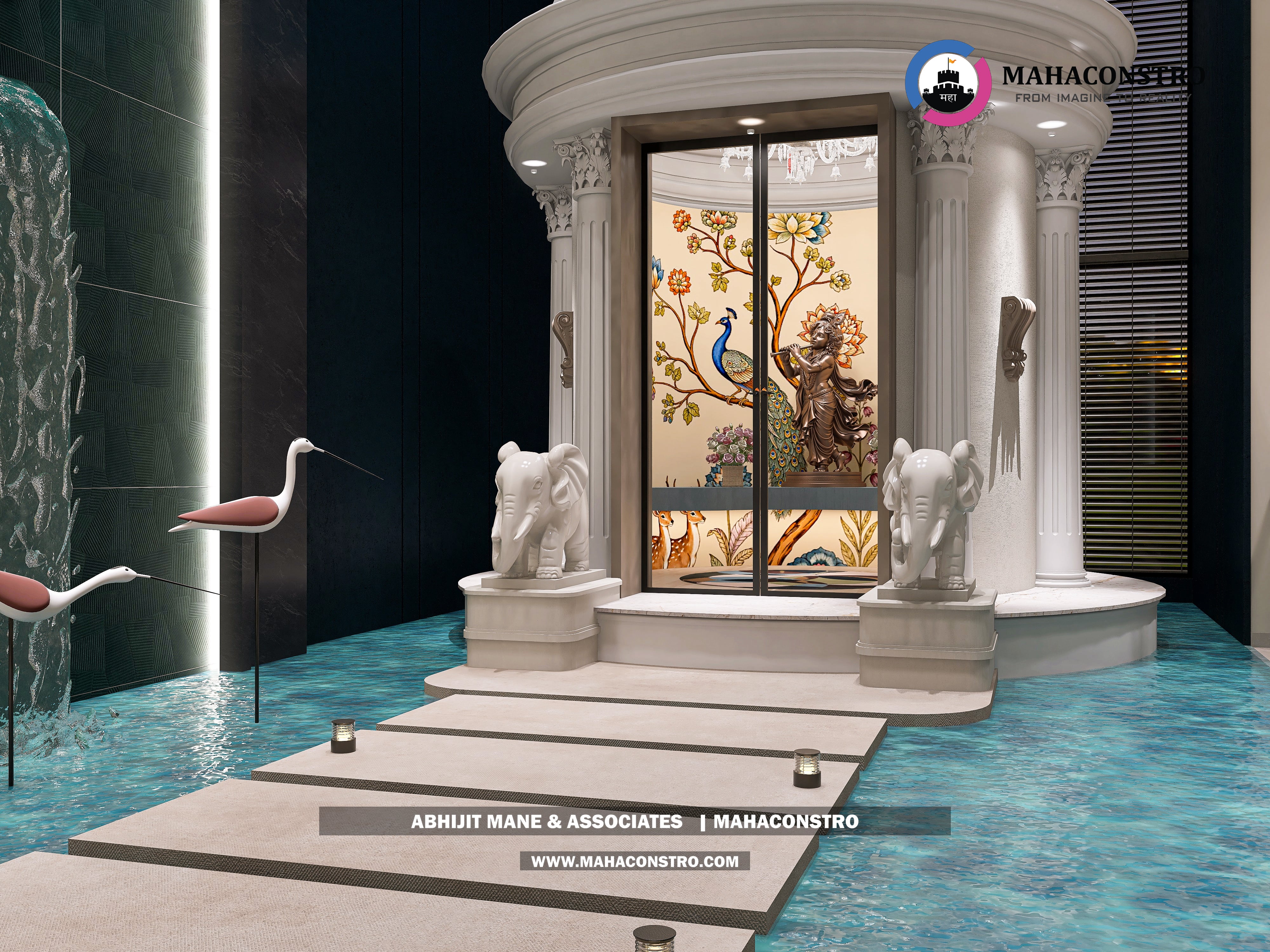 Ultra-luxury bungalow lounge in Parite, Solapur, featuring designer seating, a decorative water feature, and statement ceiling lighting by Mahaconstro Architects.