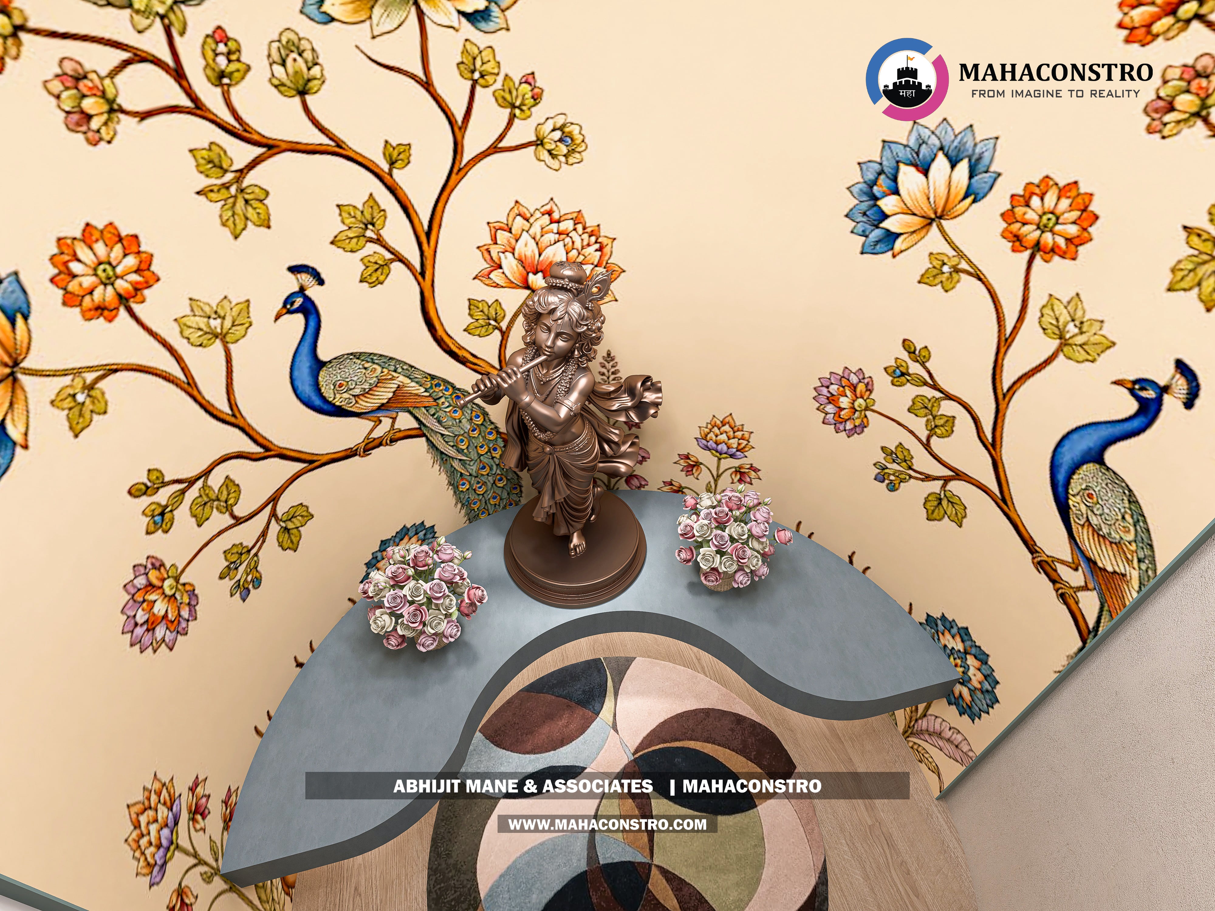Ultra-luxury bungalow lounge in Parite, Solapur, featuring designer seating, a decorative water feature, and statement ceiling lighting by Mahaconstro Architects.
