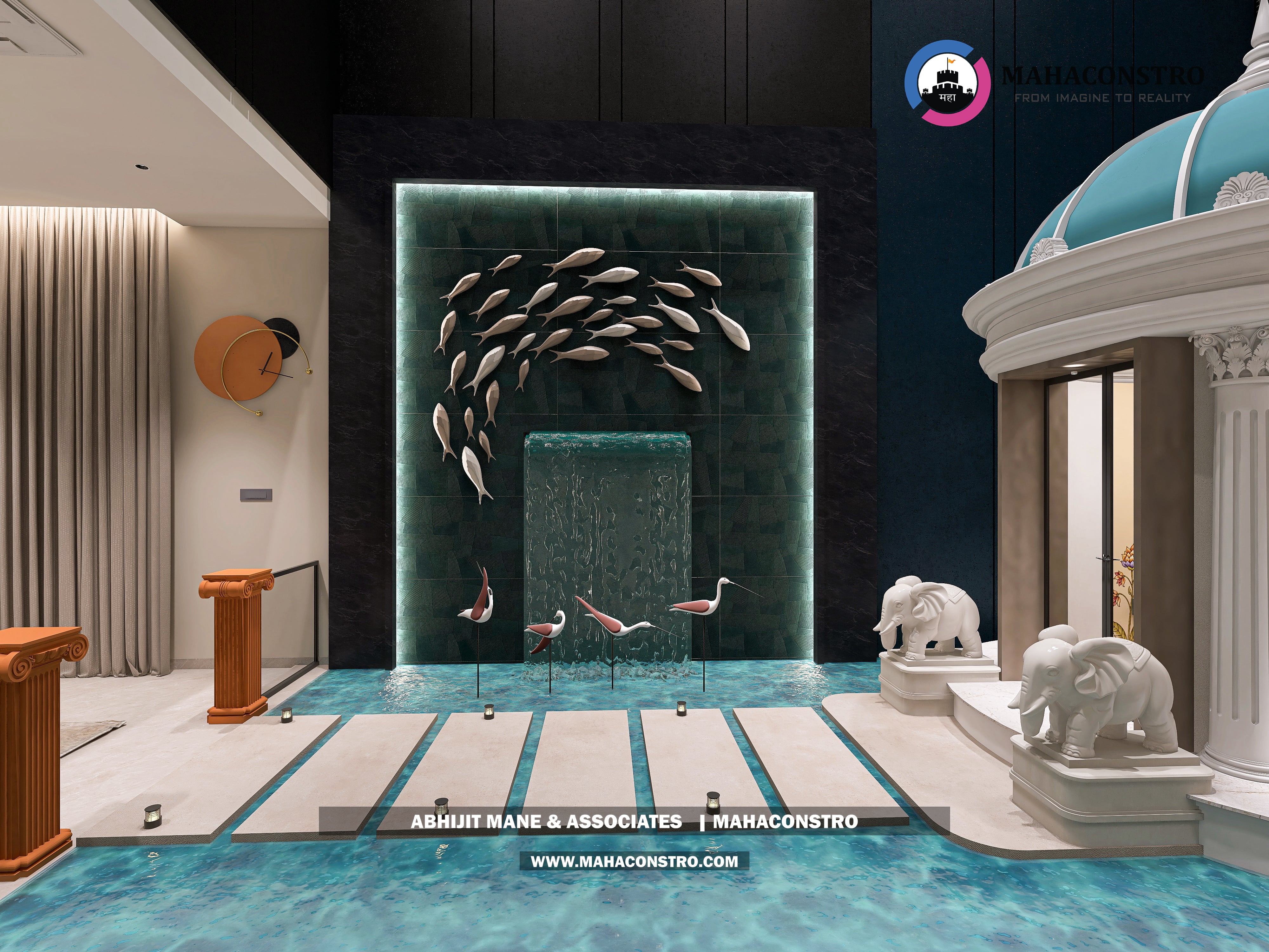 Ultra-luxury bungalow lounge in Parite, Solapur, featuring designer seating, a decorative water feature, and statement ceiling lighting by Mahaconstro Architects.