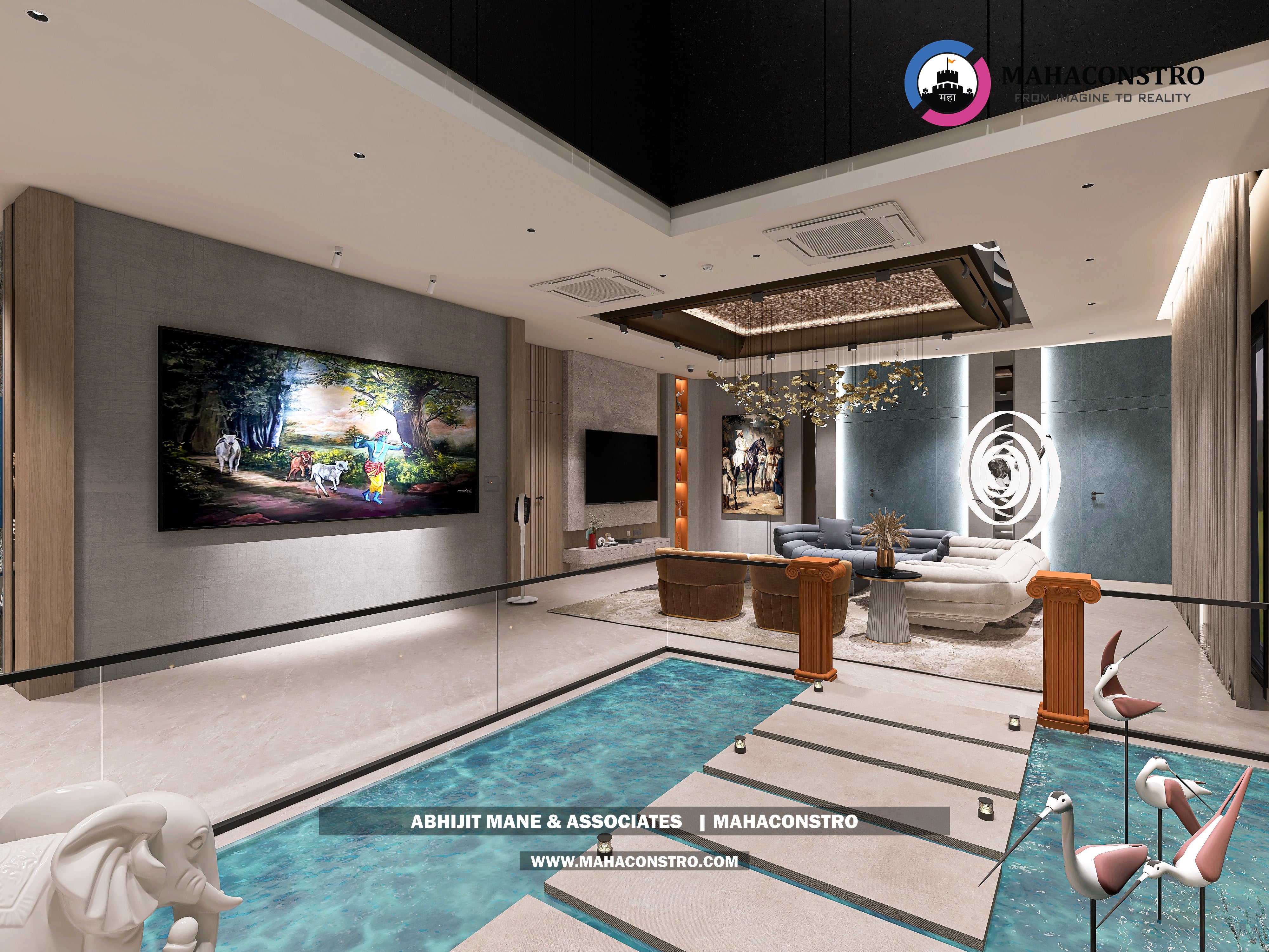 Ultra-luxury bungalow lounge in Parite, Solapur, featuring designer seating, a decorative water feature, and statement ceiling lighting by Mahaconstro Architects.