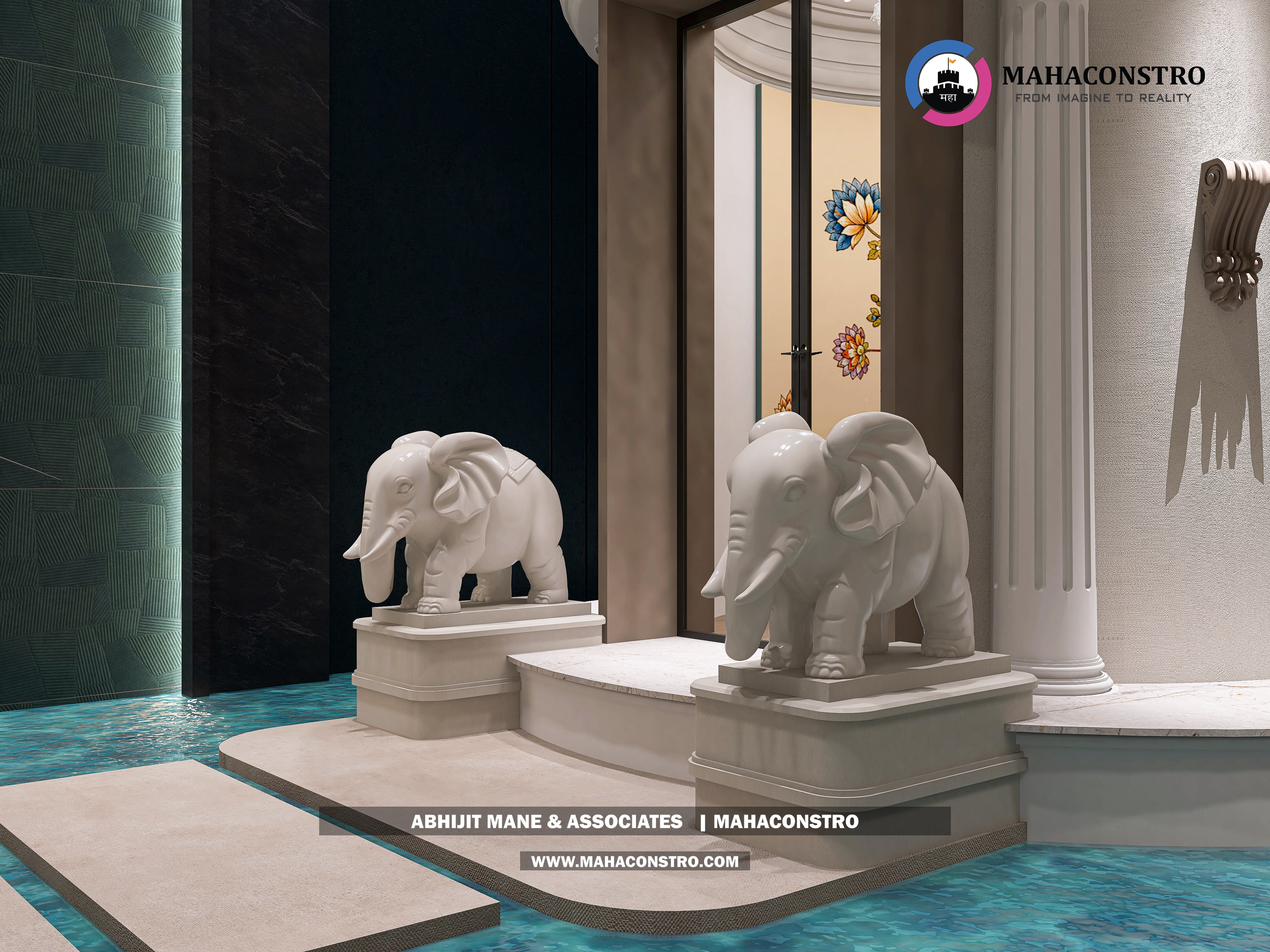 Ultra-luxury bungalow lounge in Parite, Solapur, featuring designer seating, a decorative water feature, and statement ceiling lighting by Mahaconstro Architects.