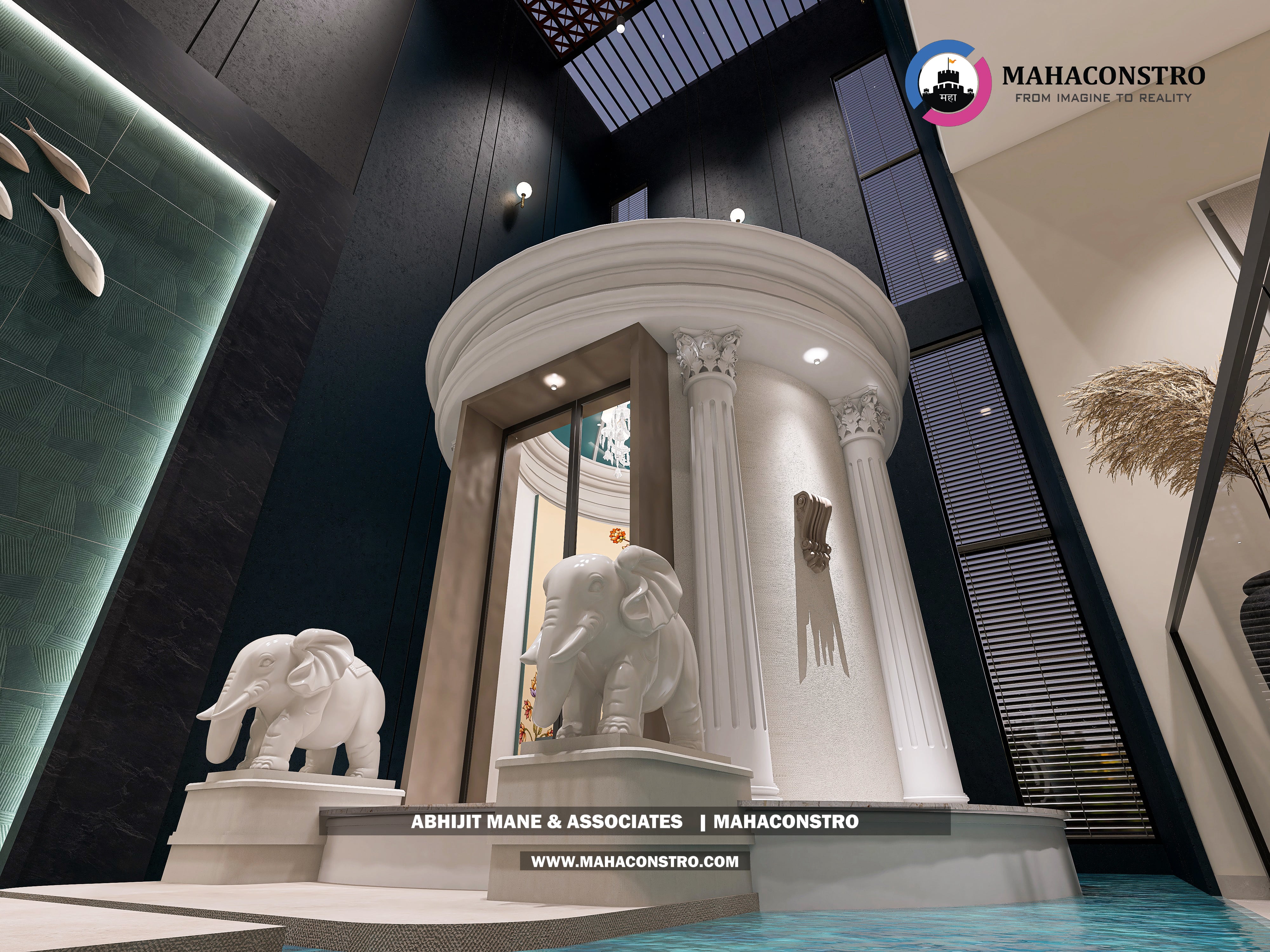 Ultra-luxury bungalow lounge in Parite, Solapur, featuring designer seating, a decorative water feature, and statement ceiling lighting by Mahaconstro Architects.