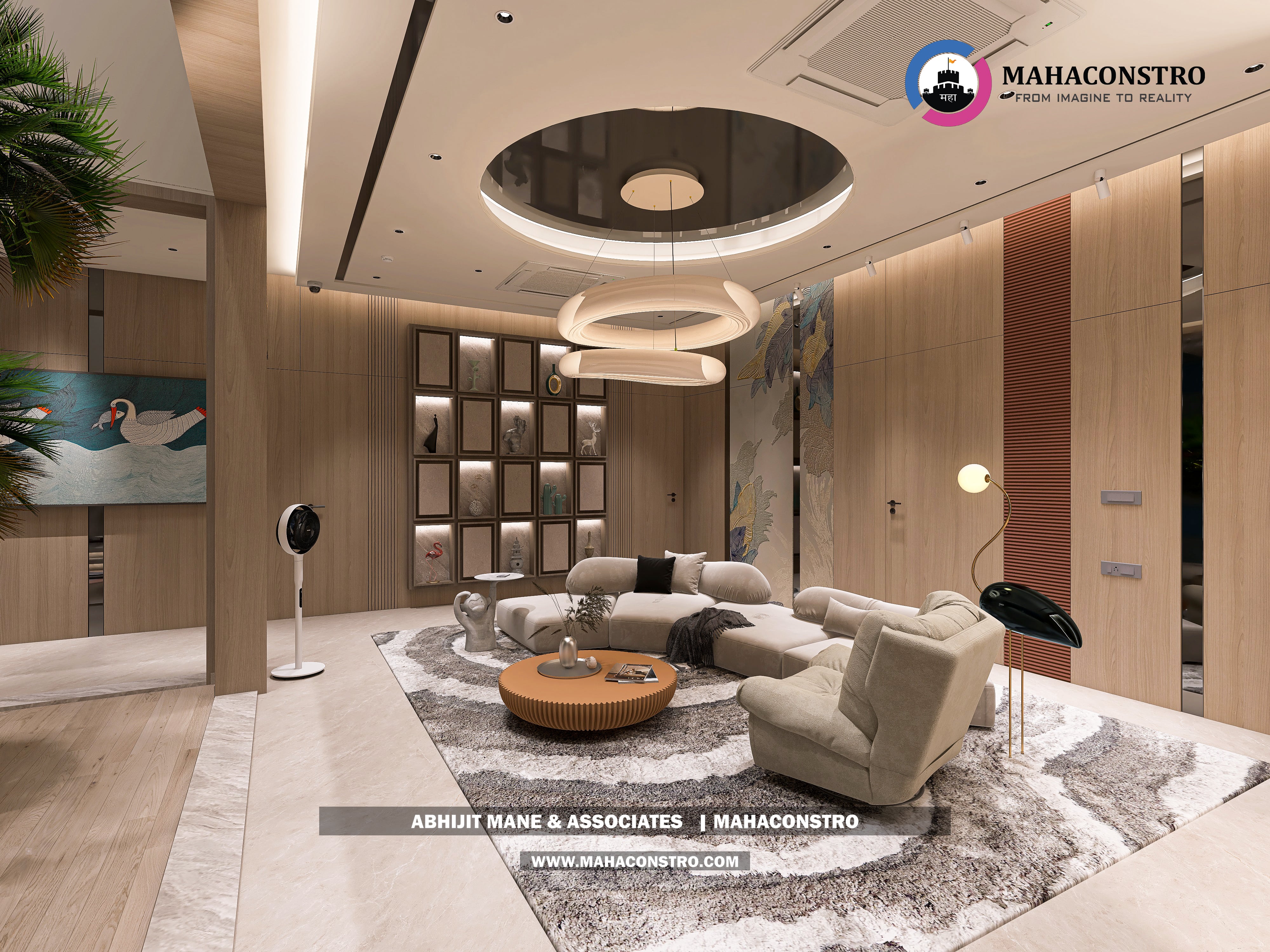 Ultra-luxury bungalow lounge in Parite, Solapur, featuring designer seating, a decorative water feature, and statement ceiling lighting by Mahaconstro Architects.