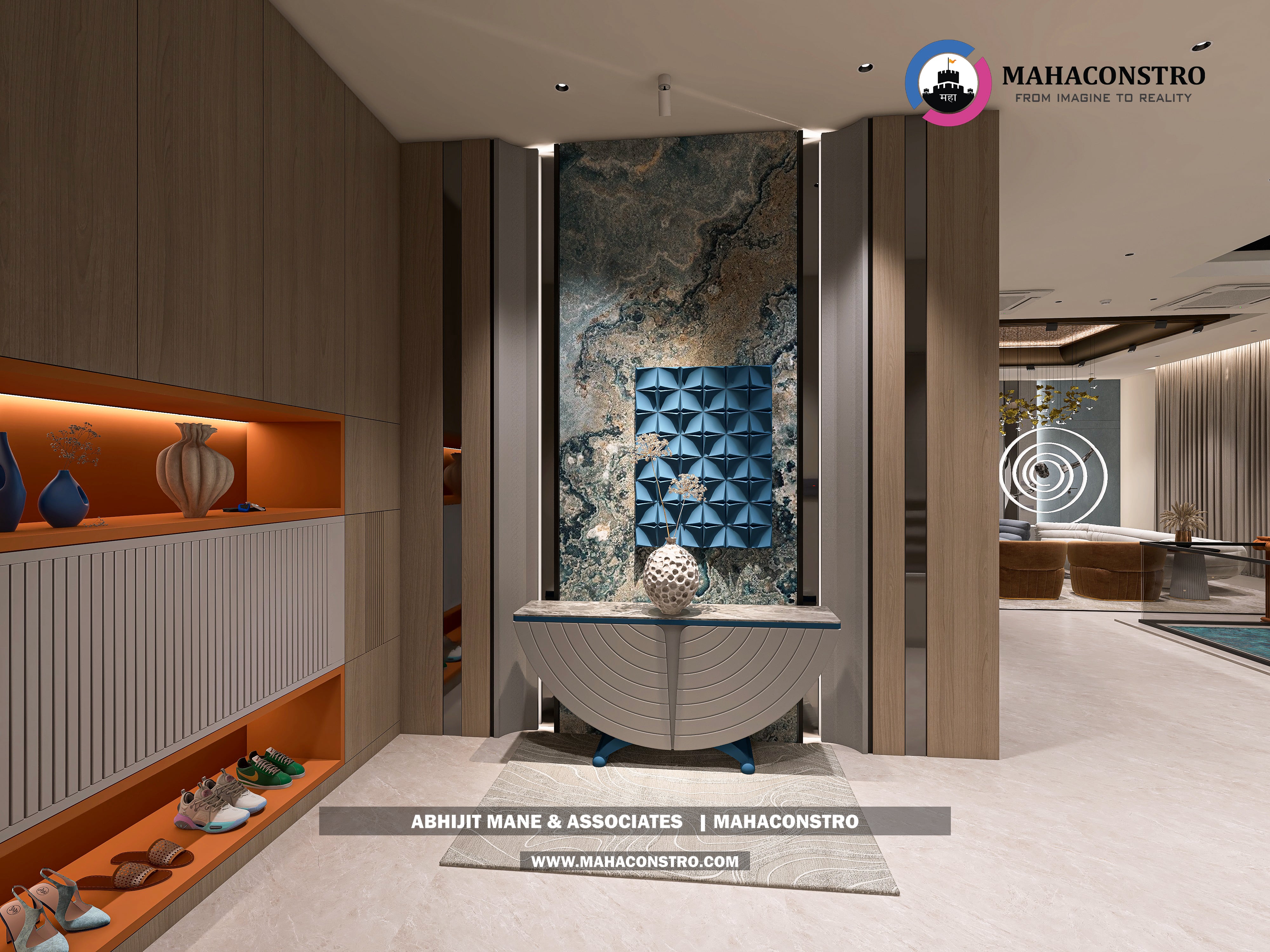 Ultra-luxury bungalow lounge in Parite, Solapur, featuring designer seating, a decorative water feature, and statement ceiling lighting by Mahaconstro Architects.