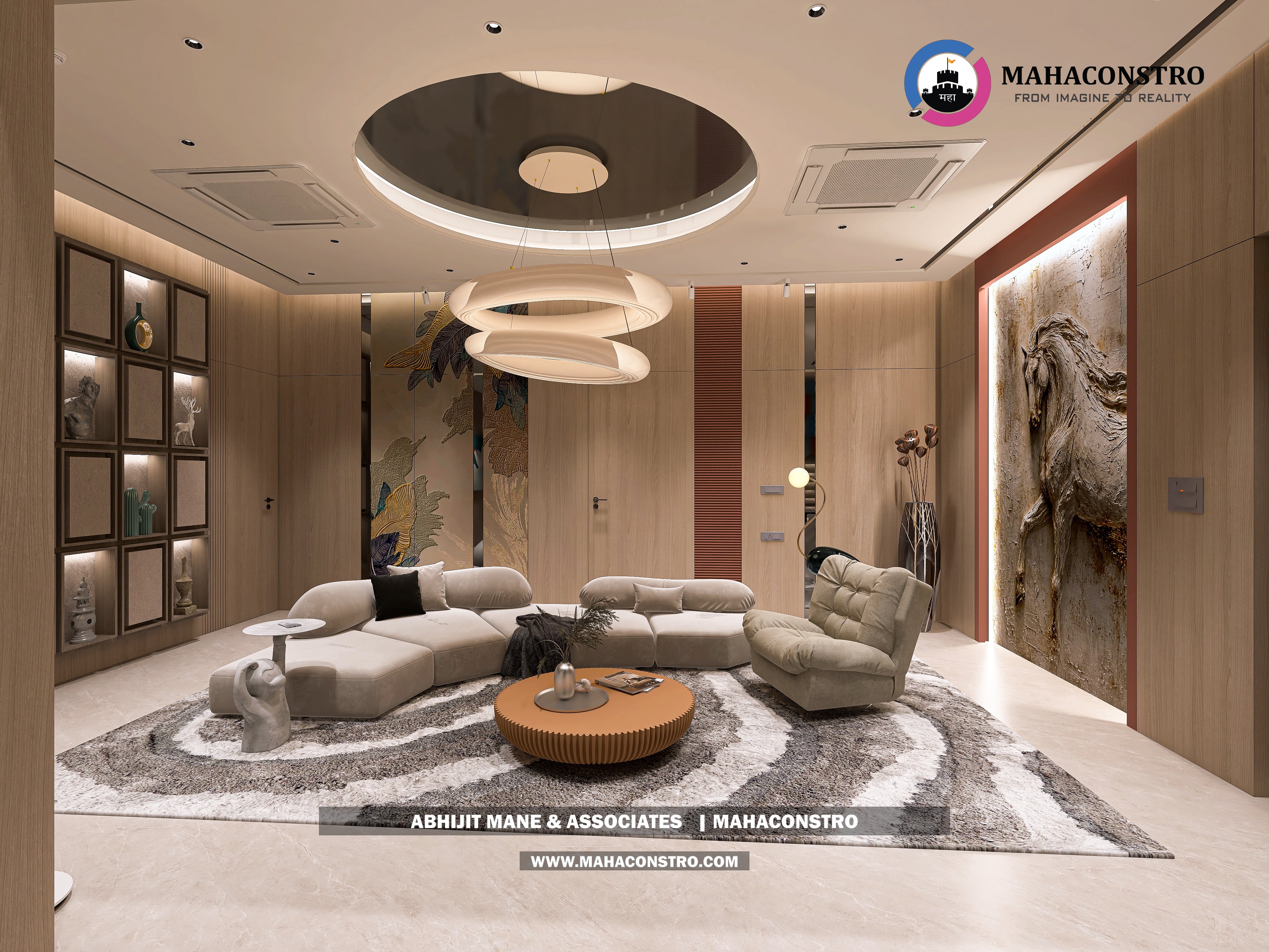 Ultra-luxury bungalow lounge in Parite, Solapur, featuring designer seating, a decorative water feature, and statement ceiling lighting by Mahaconstro Architects.