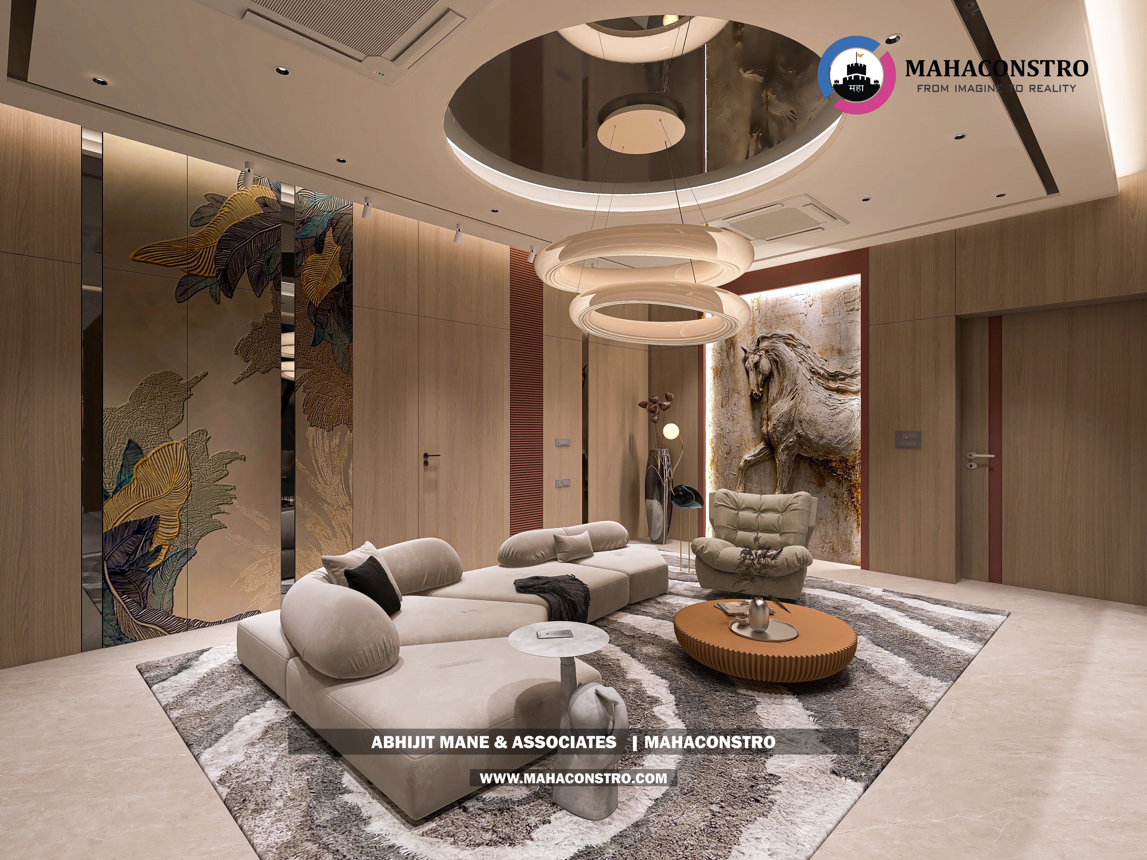 Ultra-luxury bungalow lounge in Parite, Solapur, featuring designer seating, a decorative water feature, and statement ceiling lighting by Mahaconstro Architects.