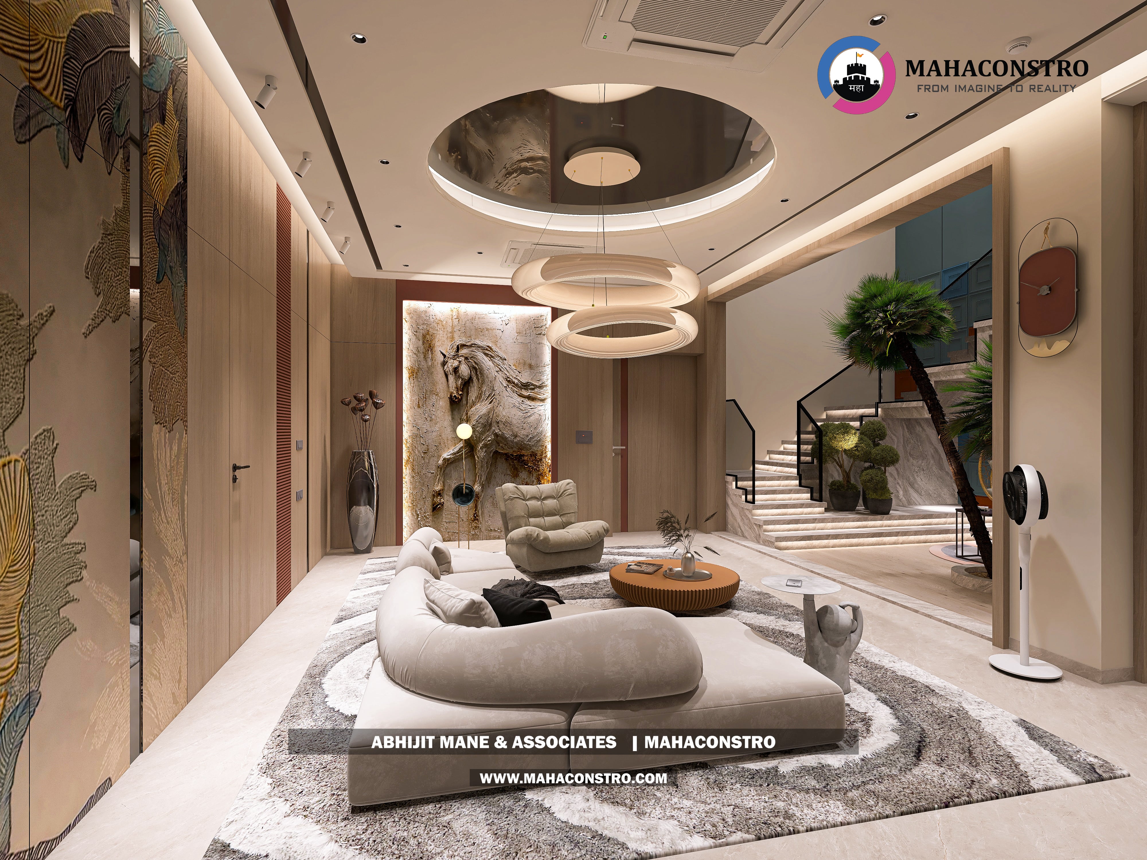 Ultra-luxury bungalow lounge in Parite, Solapur, featuring designer seating, a decorative water feature, and statement ceiling lighting by Mahaconstro Architects.
