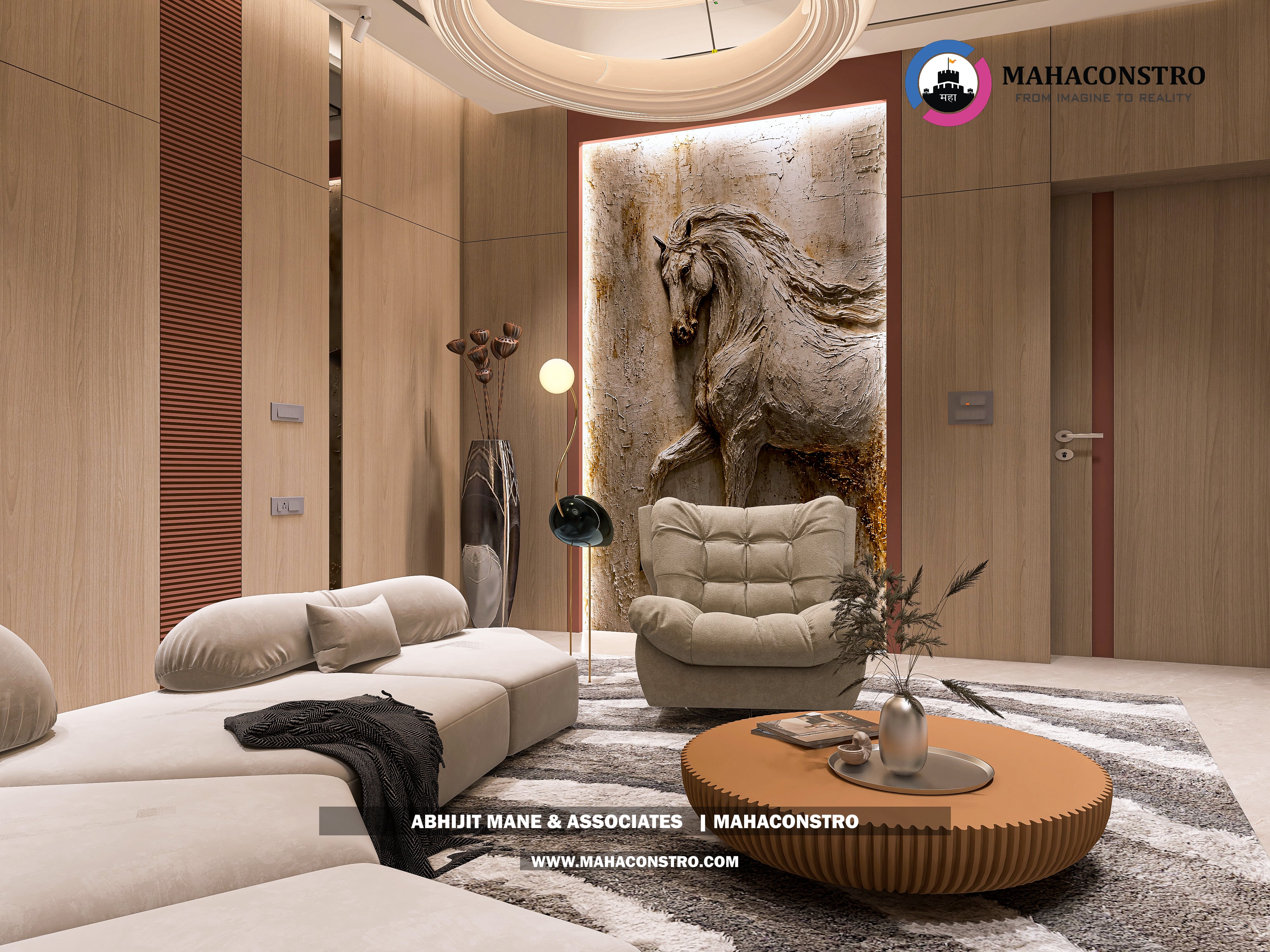 Ultra-luxury bungalow lounge in Parite, Solapur, featuring designer seating, a decorative water feature, and statement ceiling lighting by Mahaconstro Architects.