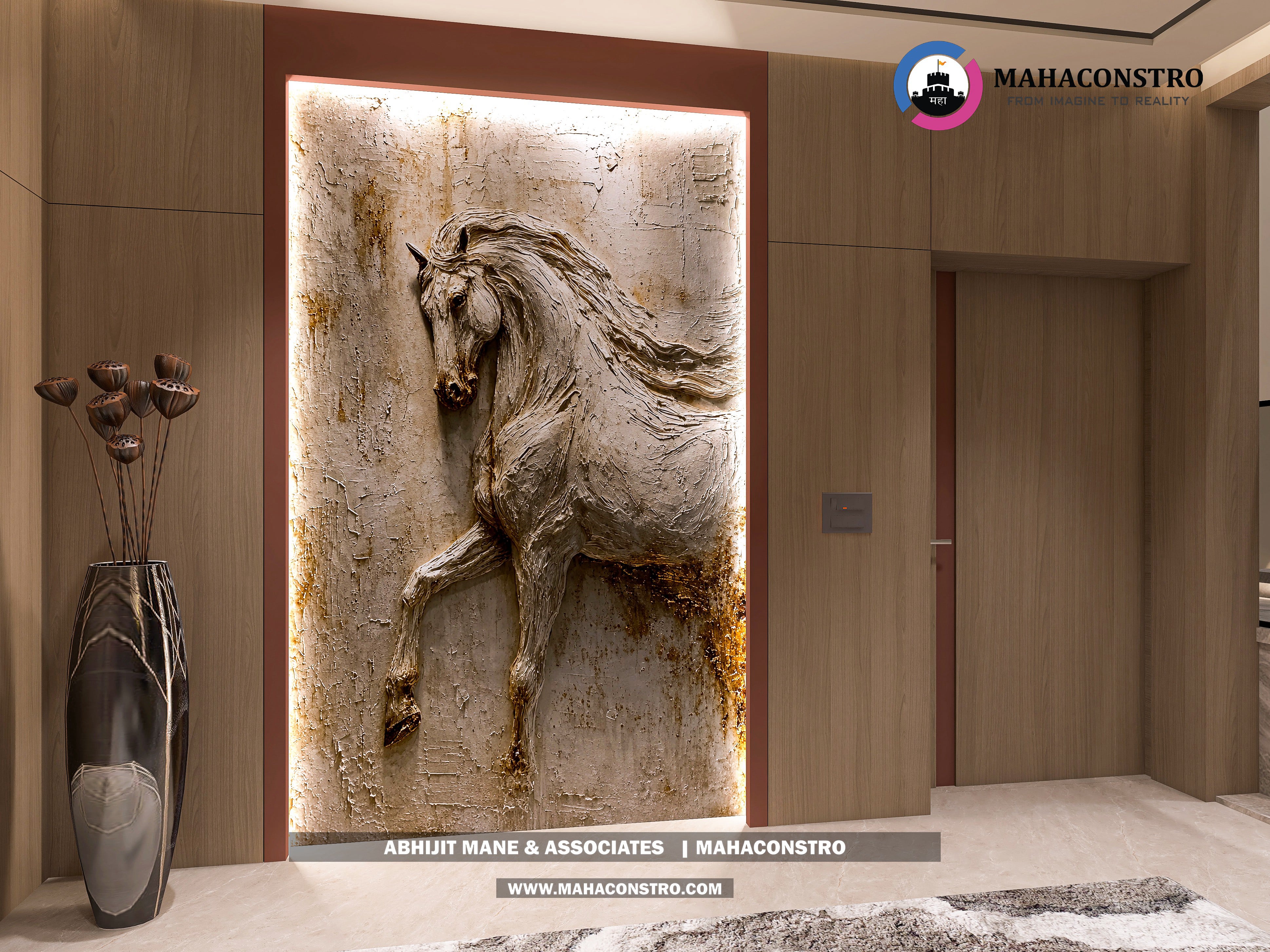 Ultra-luxury bungalow lounge in Parite, Solapur, featuring designer seating, a decorative water feature, and statement ceiling lighting by Mahaconstro Architects.