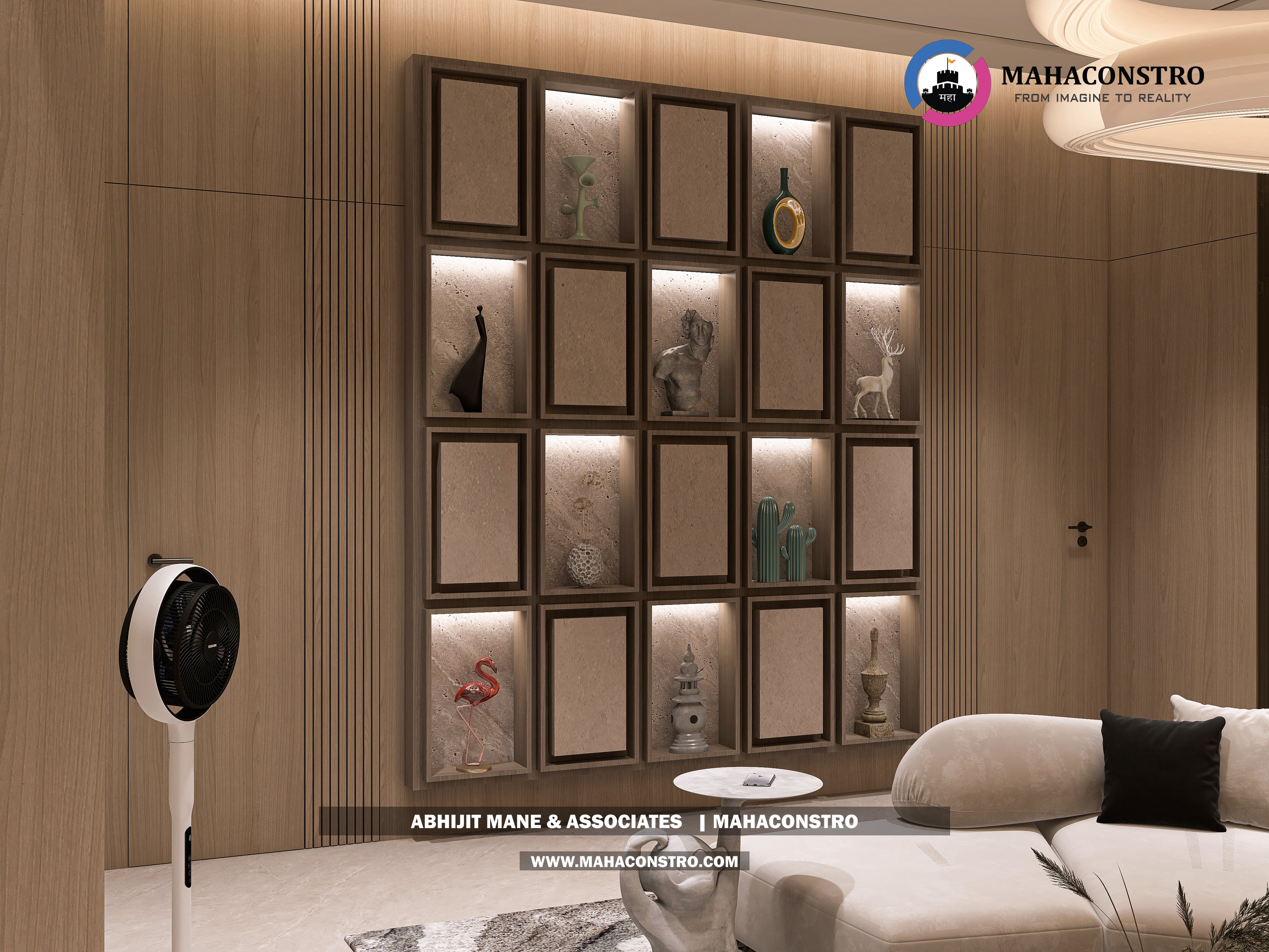 Ultra-luxury bungalow lounge in Parite, Solapur, featuring designer seating, a decorative water feature, and statement ceiling lighting by Mahaconstro Architects.