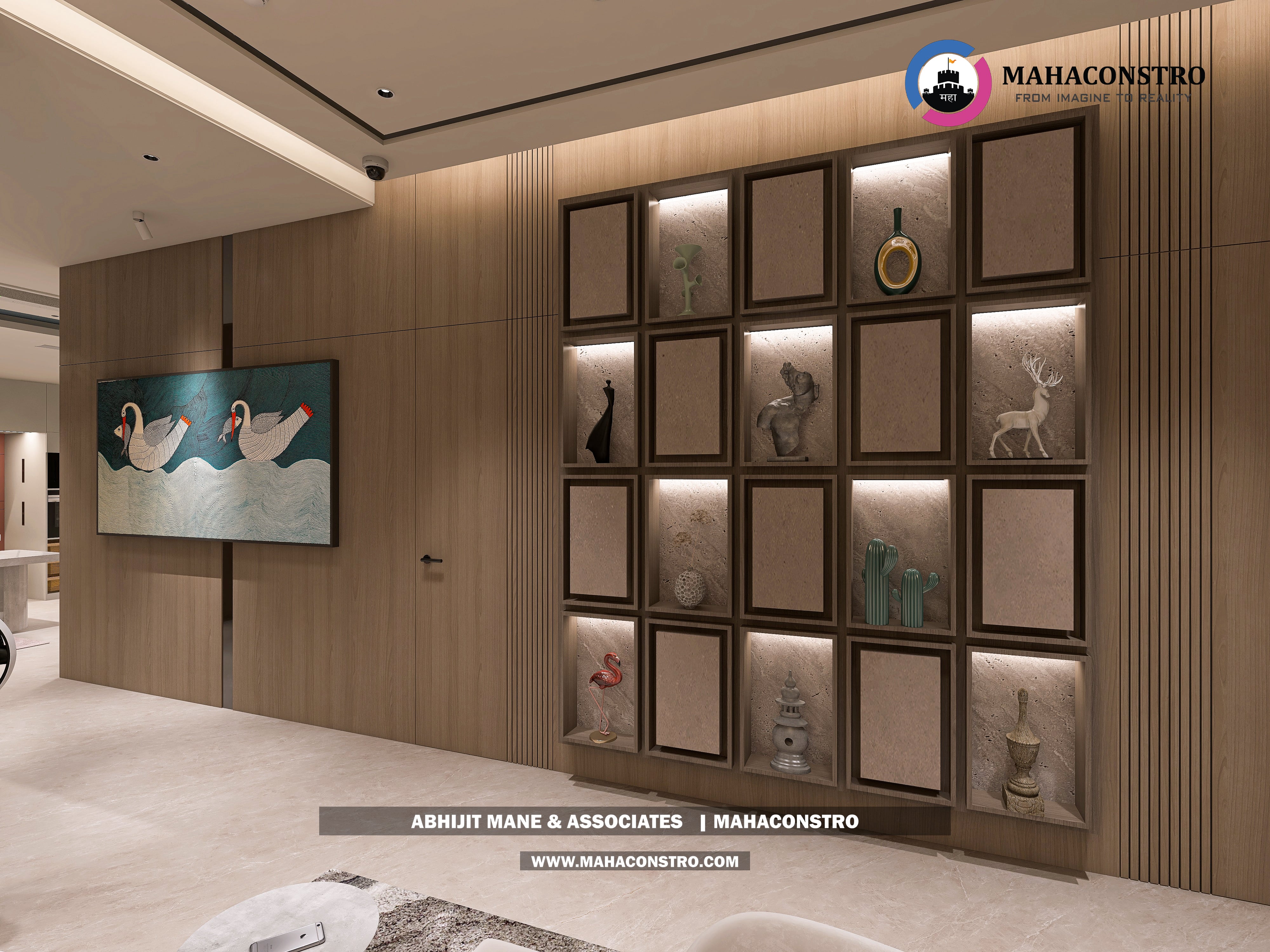 Ultra-luxury bungalow lounge in Parite, Solapur, featuring designer seating, a decorative water feature, and statement ceiling lighting by Mahaconstro Architects.