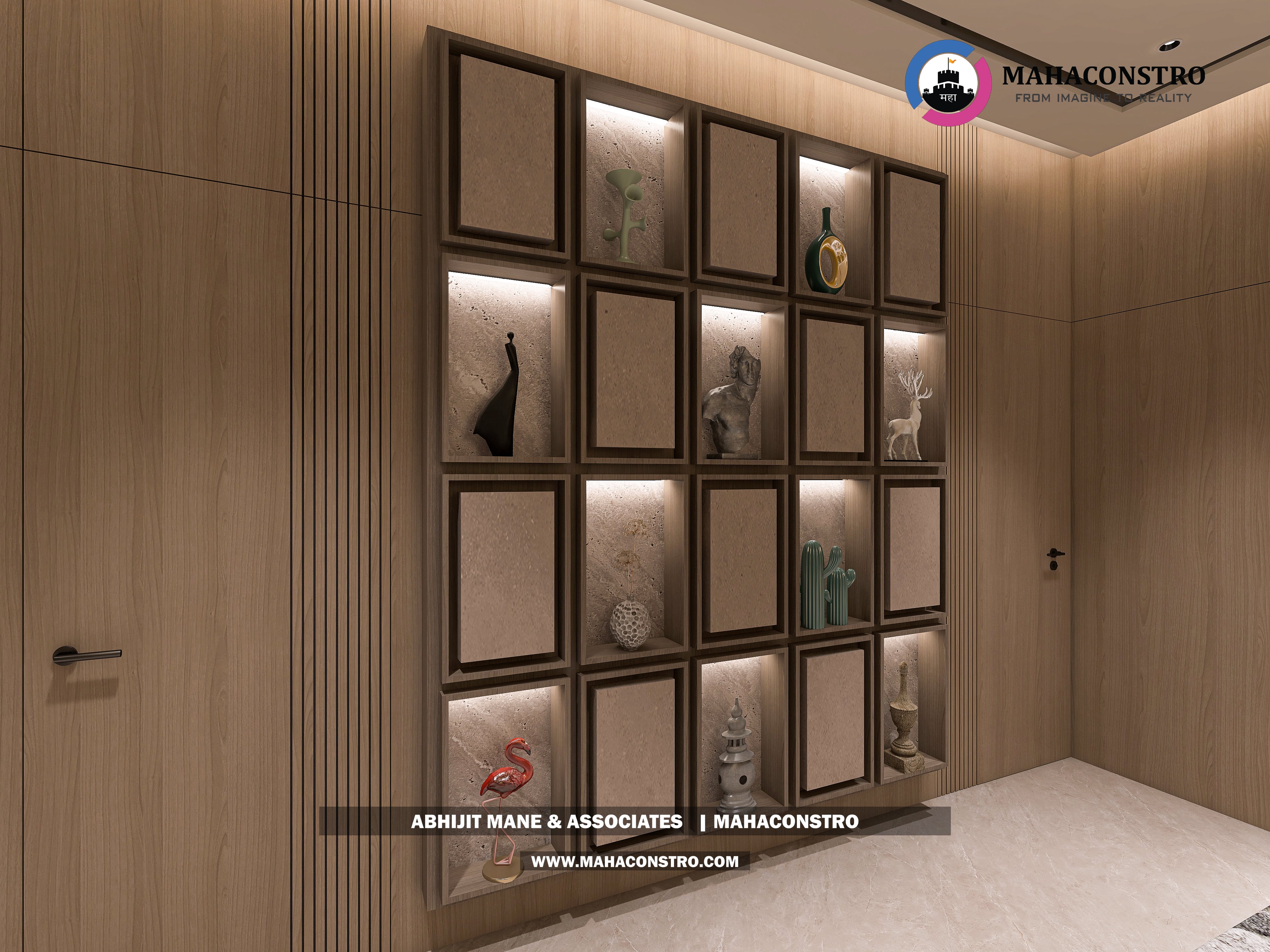 Ultra-luxury bungalow lounge in Parite, Solapur, featuring designer seating, a decorative water feature, and statement ceiling lighting by Mahaconstro Architects.