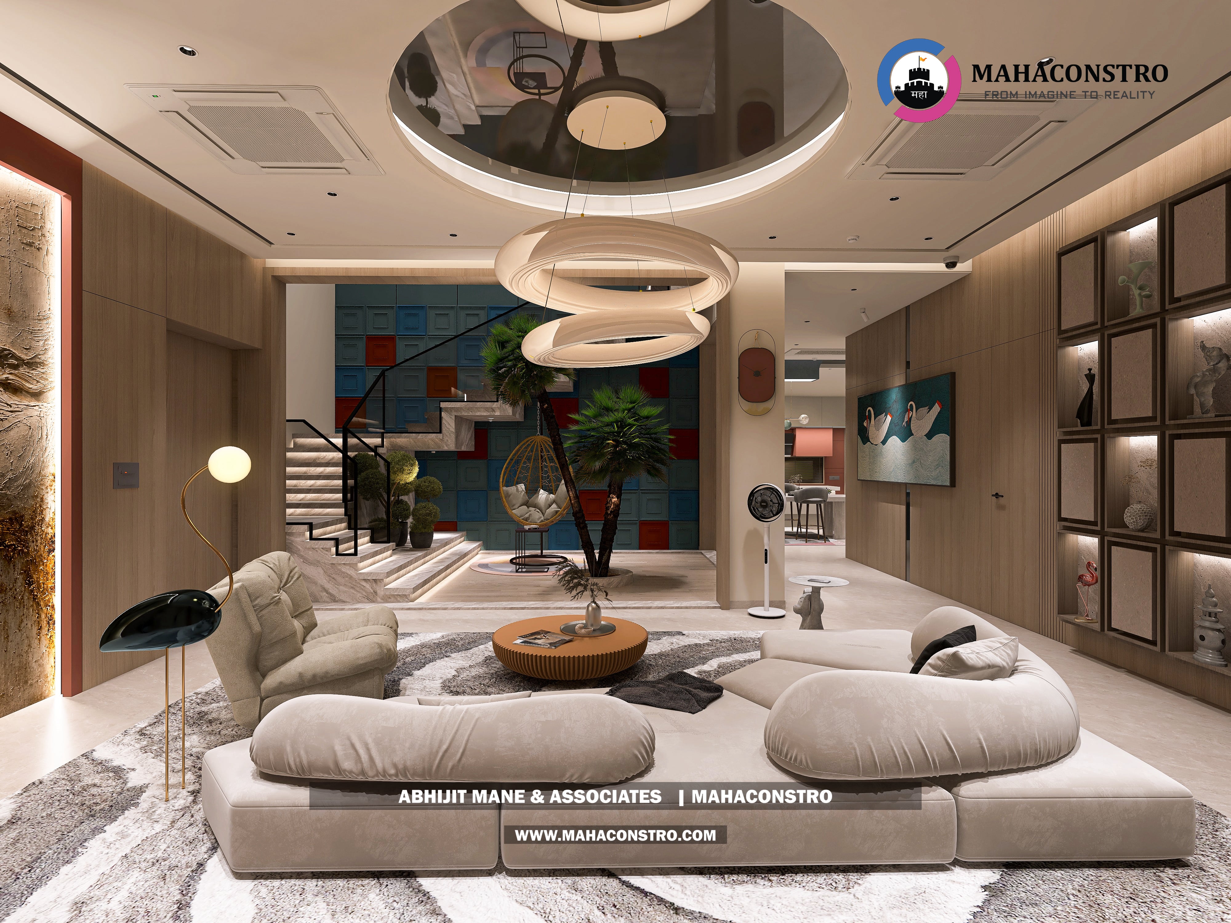 Ultra-luxury bungalow lounge in Parite, Solapur, featuring designer seating, a decorative water feature, and statement ceiling lighting by Mahaconstro Architects.