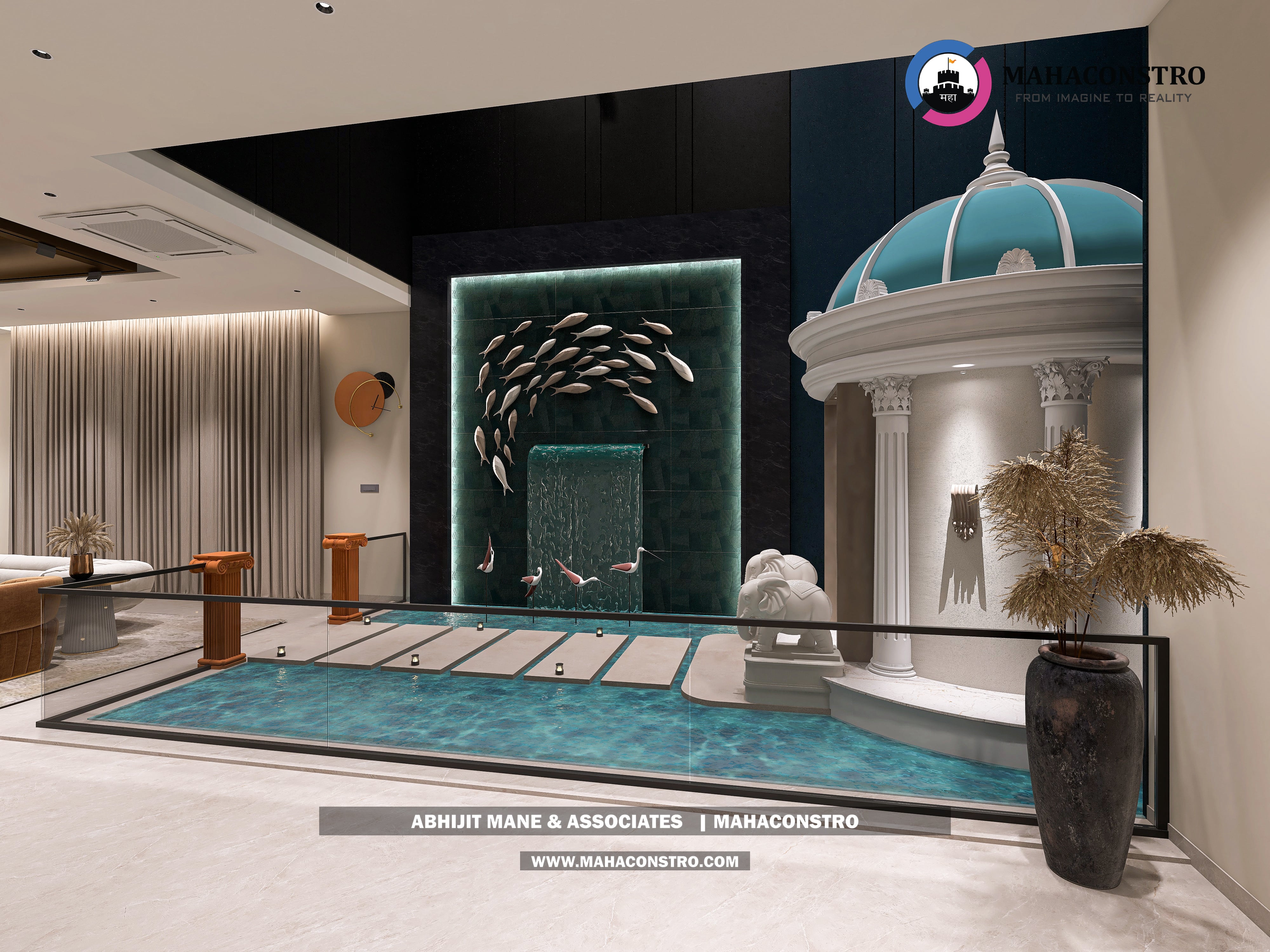 Ultra-luxury bungalow lounge in Parite, Solapur, featuring designer seating, a decorative water feature, and statement ceiling lighting by Mahaconstro Architects.