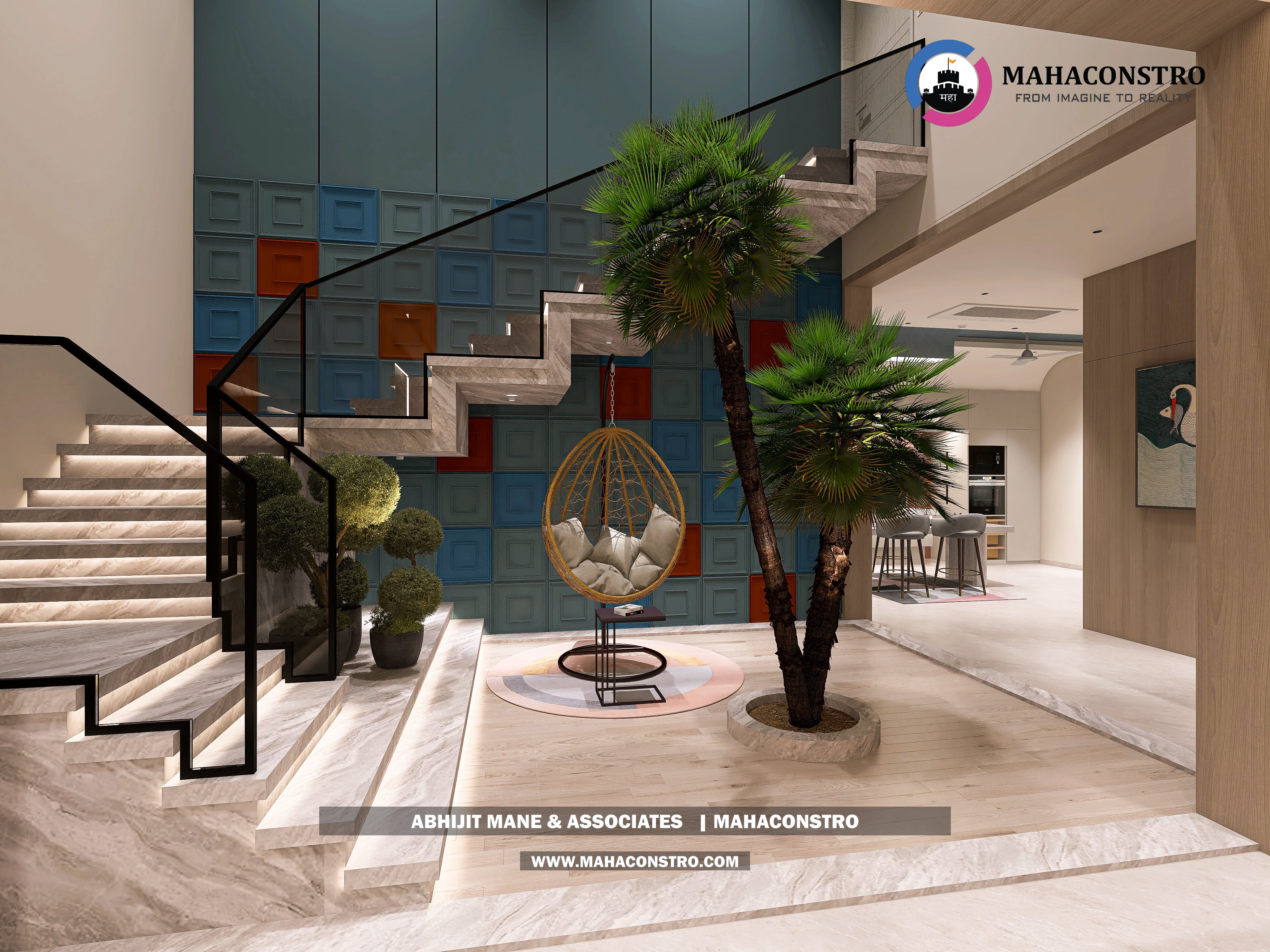 Ultra-luxury bungalow lounge in Parite, Solapur, featuring designer seating, a decorative water feature, and statement ceiling lighting by Mahaconstro Architects.