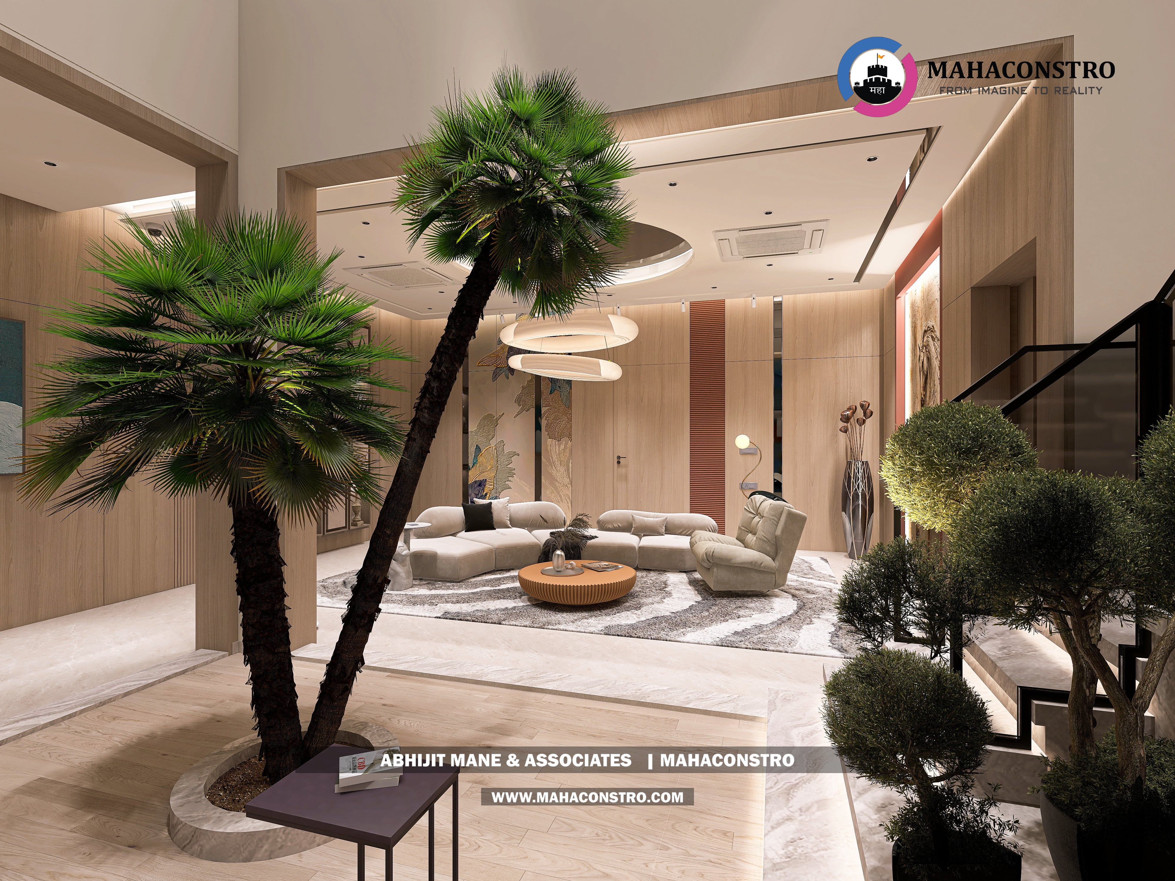 Ultra-luxury bungalow lounge in Parite, Solapur, featuring designer seating, a decorative water feature, and statement ceiling lighting by Mahaconstro Architects.