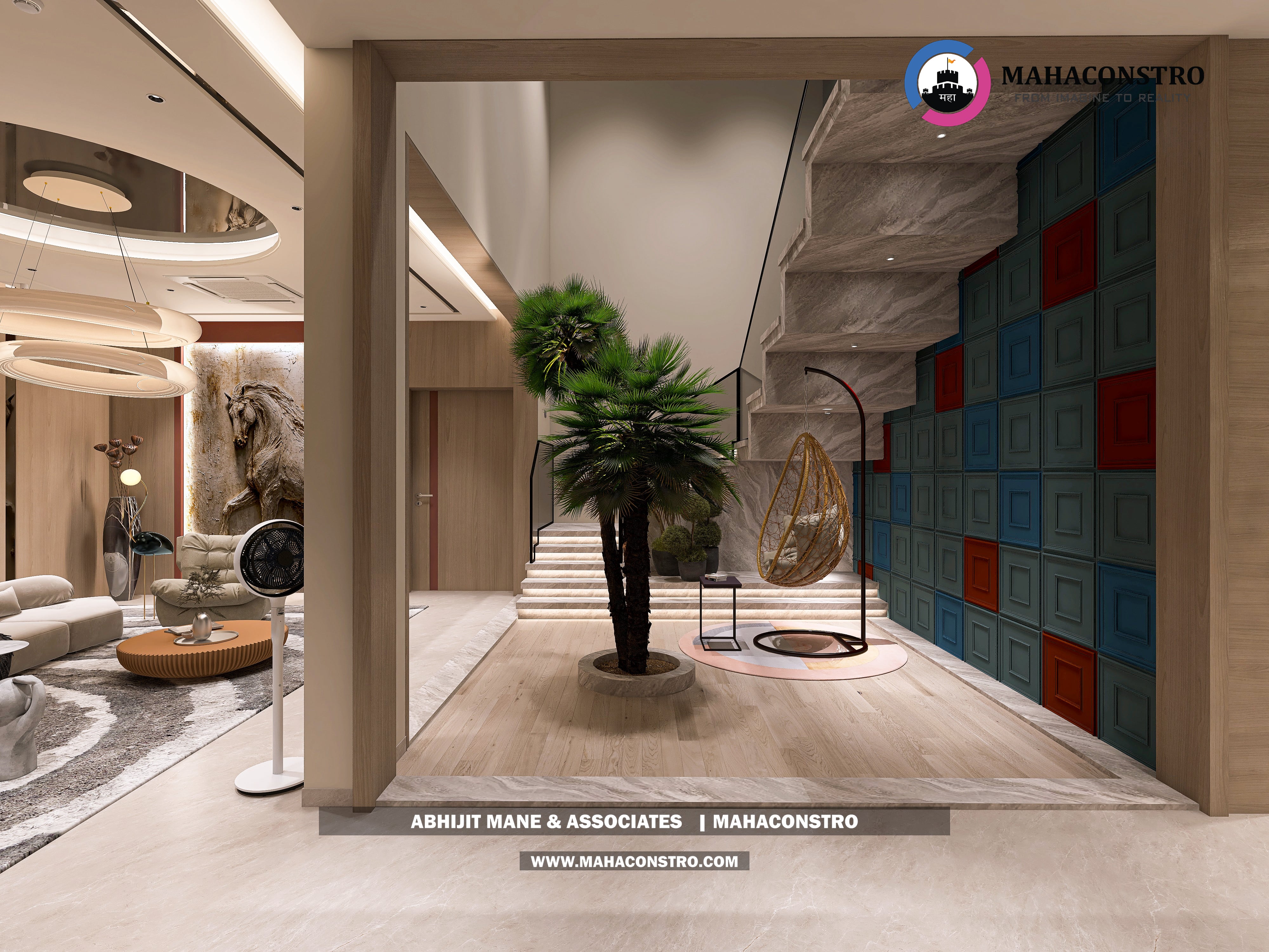 Ultra-luxury bungalow lounge in Parite, Solapur, featuring designer seating, a decorative water feature, and statement ceiling lighting by Mahaconstro Architects.