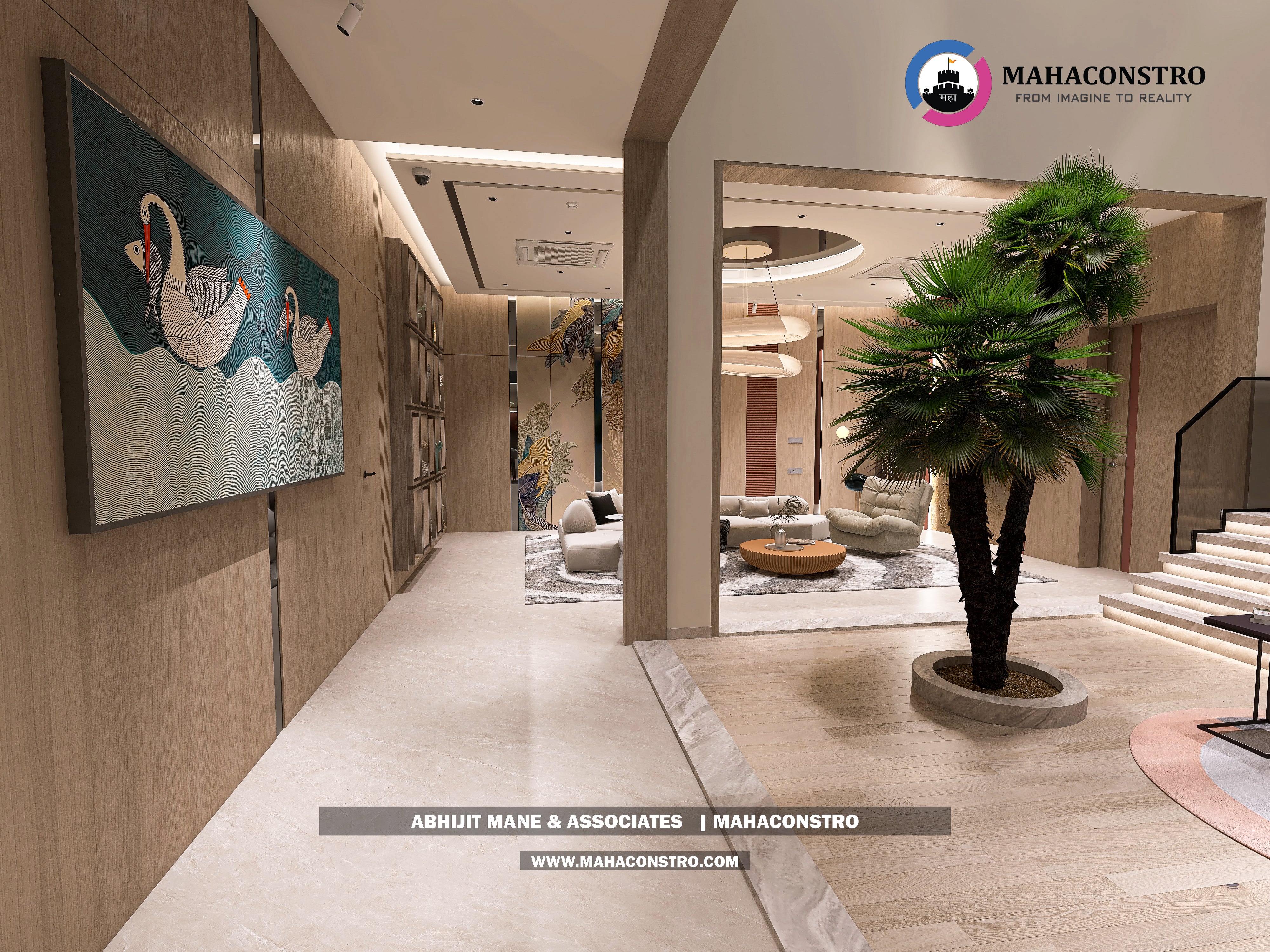 Ultra-luxury bungalow lounge in Parite, Solapur, featuring designer seating, a decorative water feature, and statement ceiling lighting by Mahaconstro Architects.