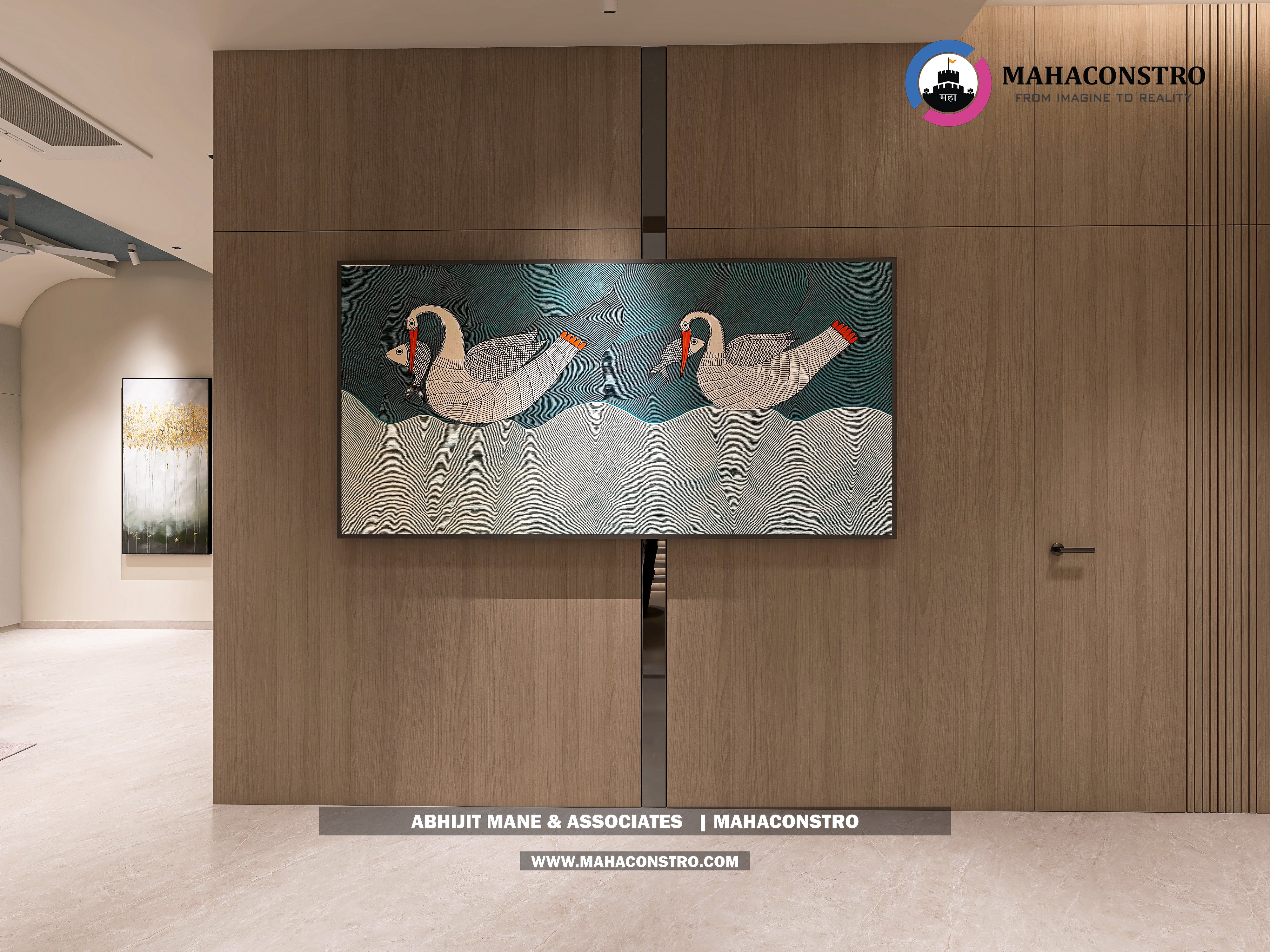 Ultra-luxury bungalow lounge in Parite, Solapur, featuring designer seating, a decorative water feature, and statement ceiling lighting by Mahaconstro Architects.