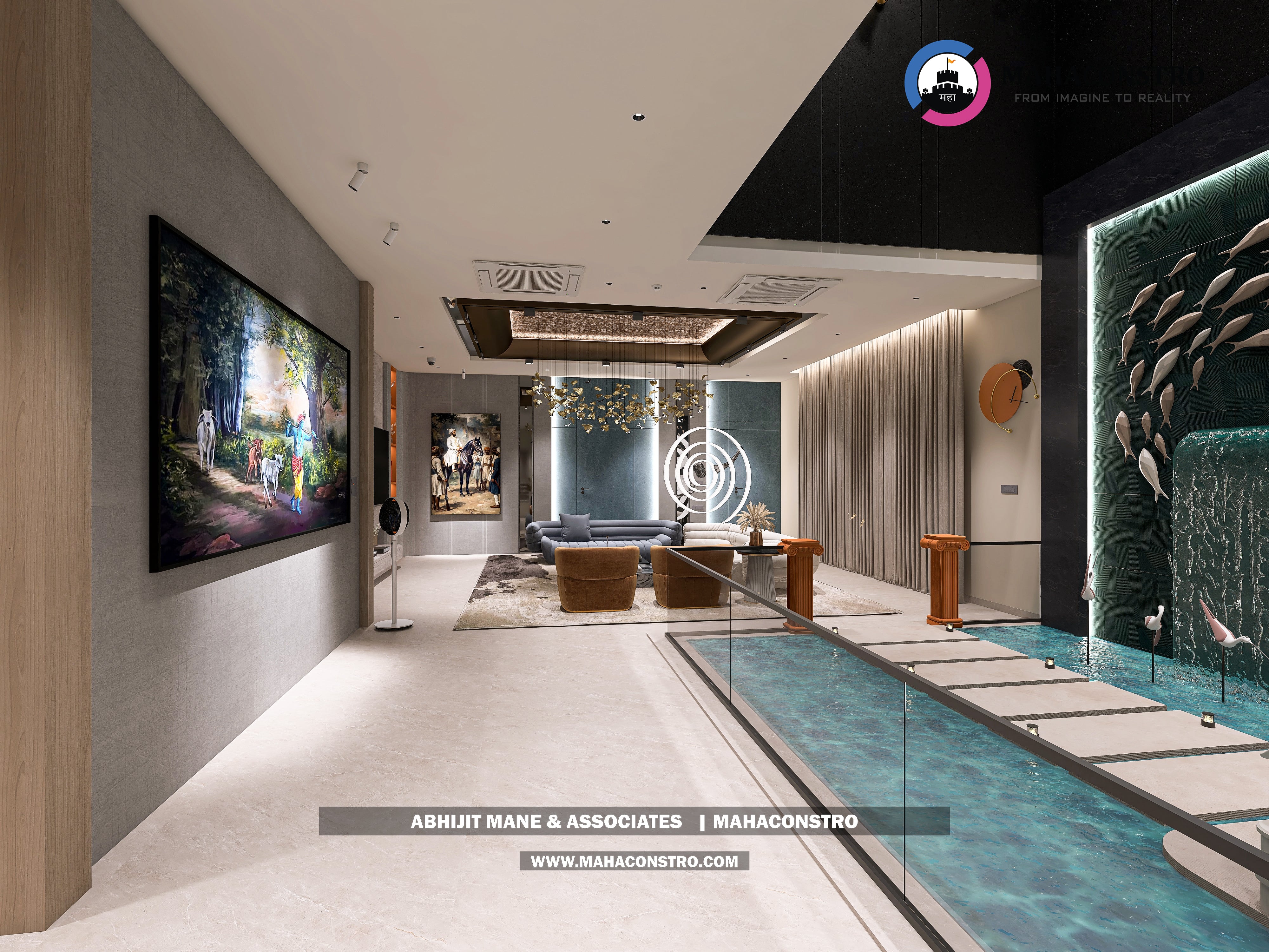 Ultra-luxury bungalow lounge in Parite, Solapur, featuring designer seating, a decorative water feature, and statement ceiling lighting by Mahaconstro Architects.