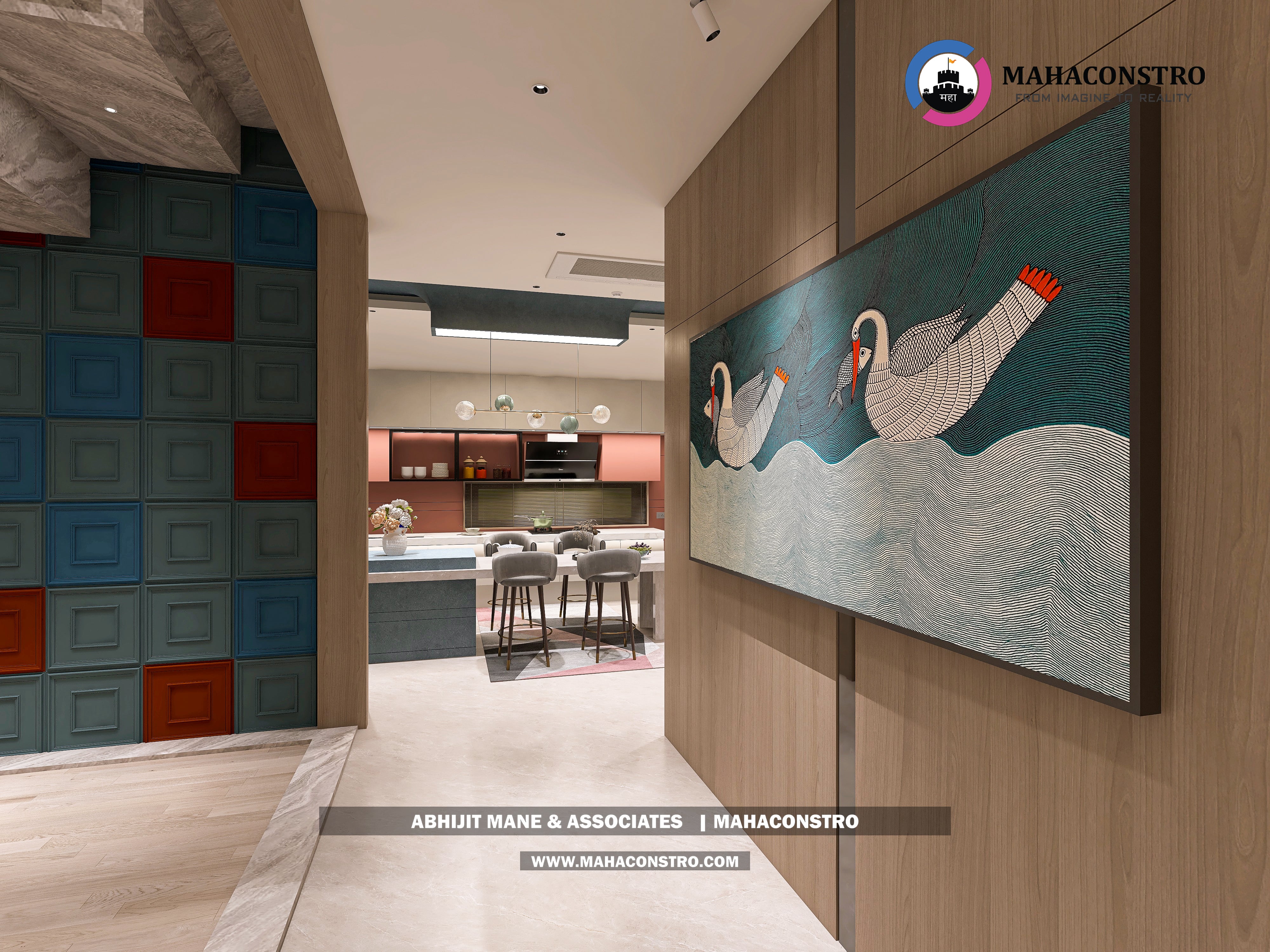 Ultra-luxury bungalow lounge in Parite, Solapur, featuring designer seating, a decorative water feature, and statement ceiling lighting by Mahaconstro Architects.