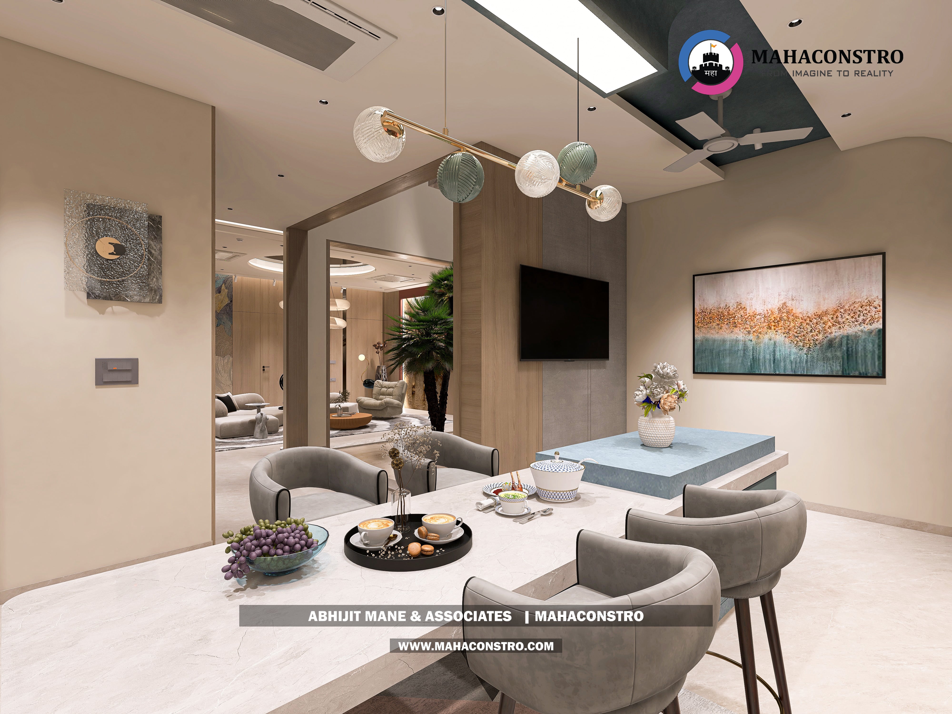 Ultra-luxury bungalow lounge in Parite, Solapur, featuring designer seating, a decorative water feature, and statement ceiling lighting by Mahaconstro Architects.