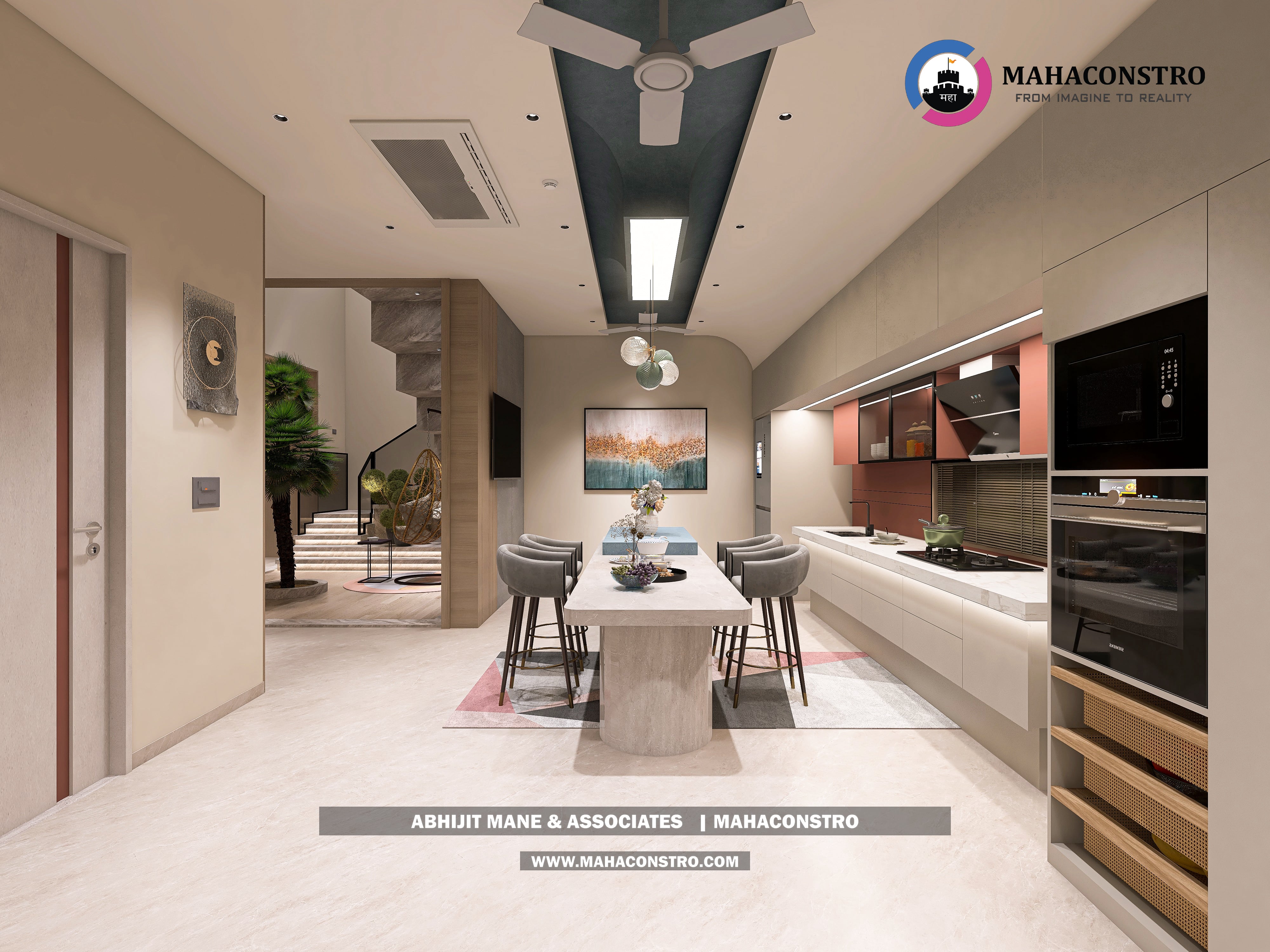 Ultra-luxury bungalow lounge in Parite, Solapur, featuring designer seating, a decorative water feature, and statement ceiling lighting by Mahaconstro Architects.