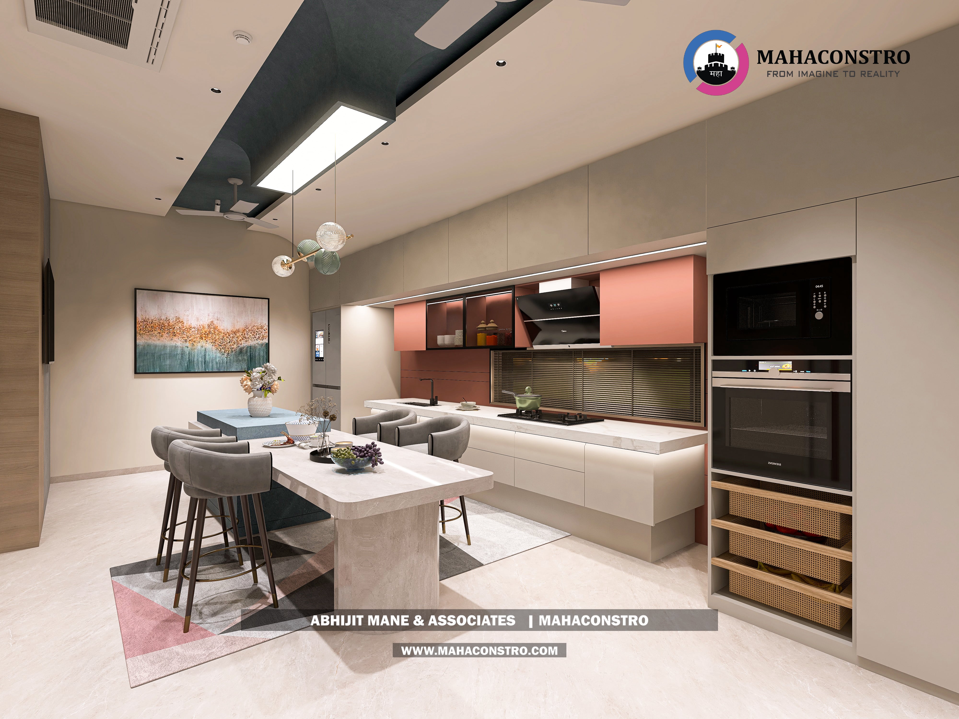 Ultra-luxury bungalow lounge in Parite, Solapur, featuring designer seating, a decorative water feature, and statement ceiling lighting by Mahaconstro Architects.