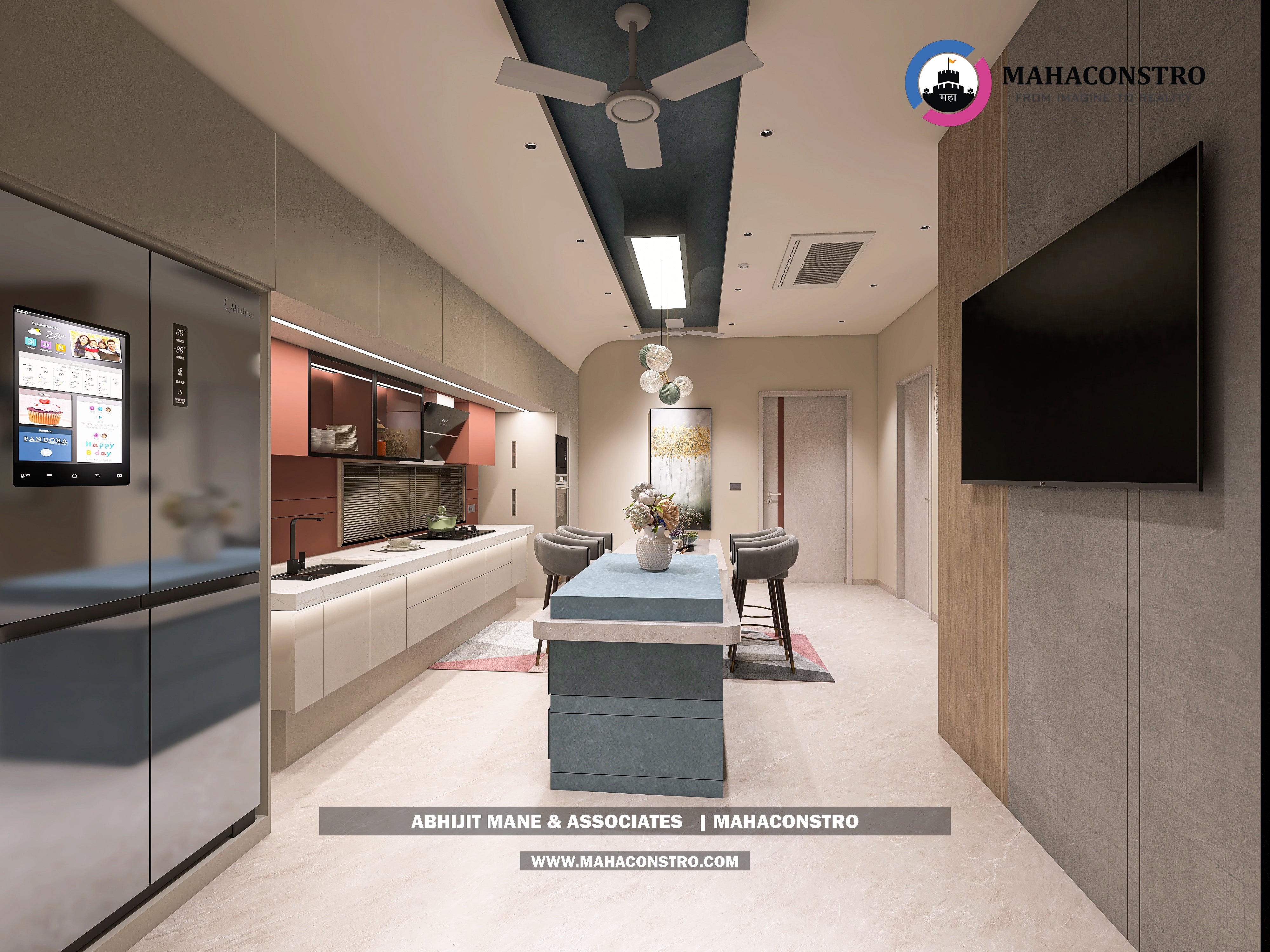 Ultra-luxury bungalow lounge in Parite, Solapur, featuring designer seating, a decorative water feature, and statement ceiling lighting by Mahaconstro Architects.