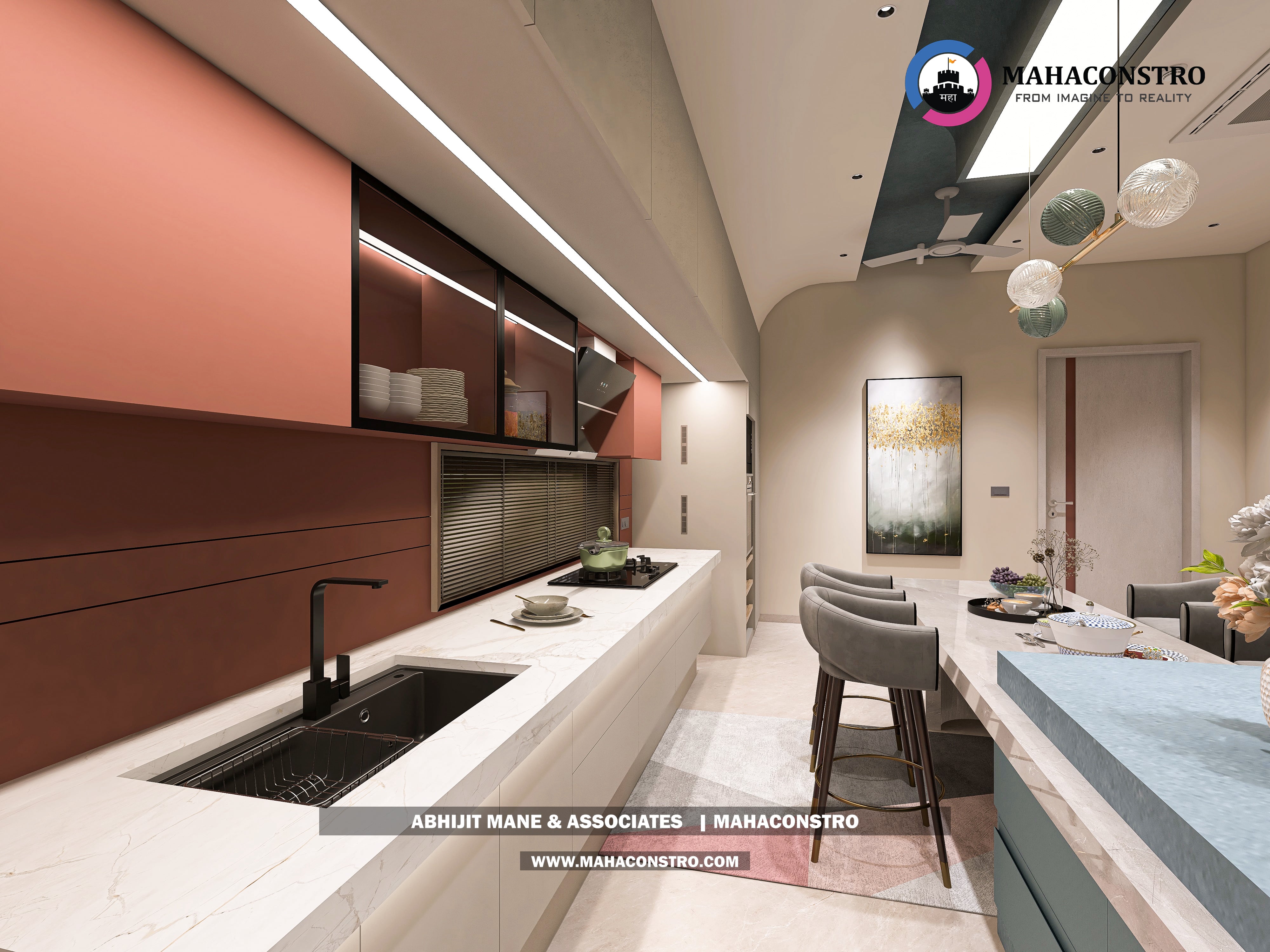 Ultra-luxury bungalow lounge in Parite, Solapur, featuring designer seating, a decorative water feature, and statement ceiling lighting by Mahaconstro Architects.