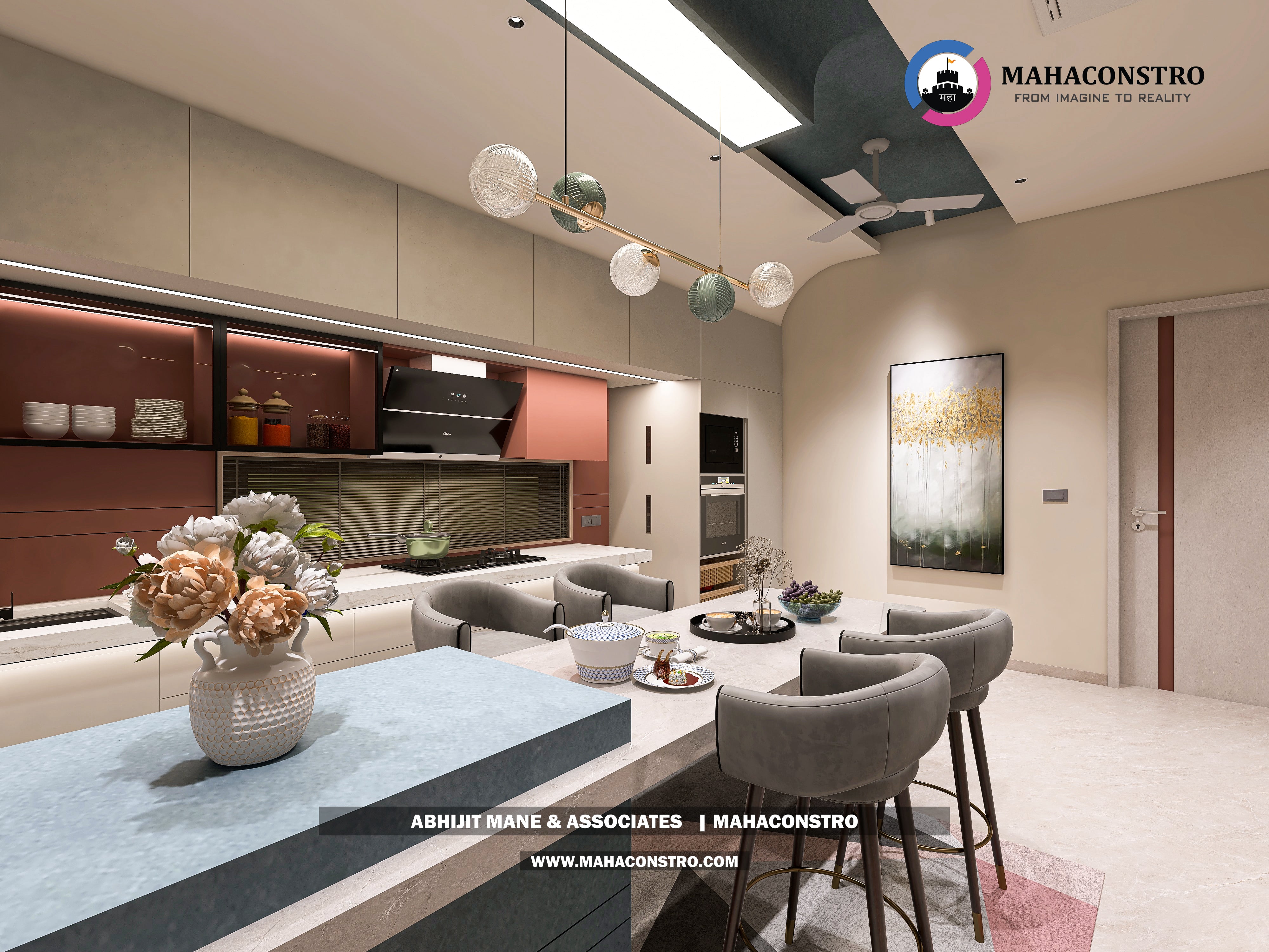 Ultra-luxury bungalow lounge in Parite, Solapur, featuring designer seating, a decorative water feature, and statement ceiling lighting by Mahaconstro Architects.