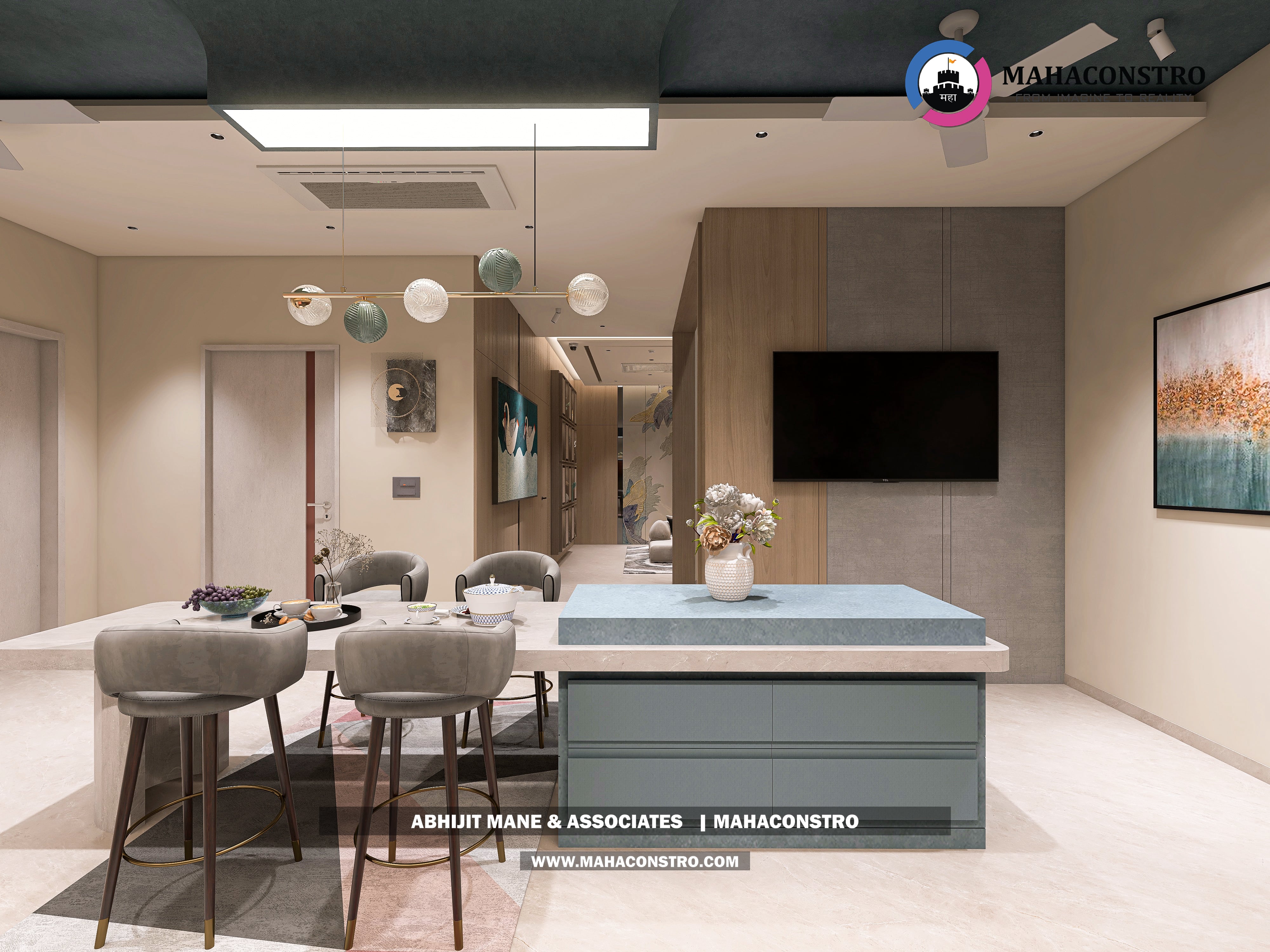 Ultra-luxury bungalow lounge in Parite, Solapur, featuring designer seating, a decorative water feature, and statement ceiling lighting by Mahaconstro Architects.