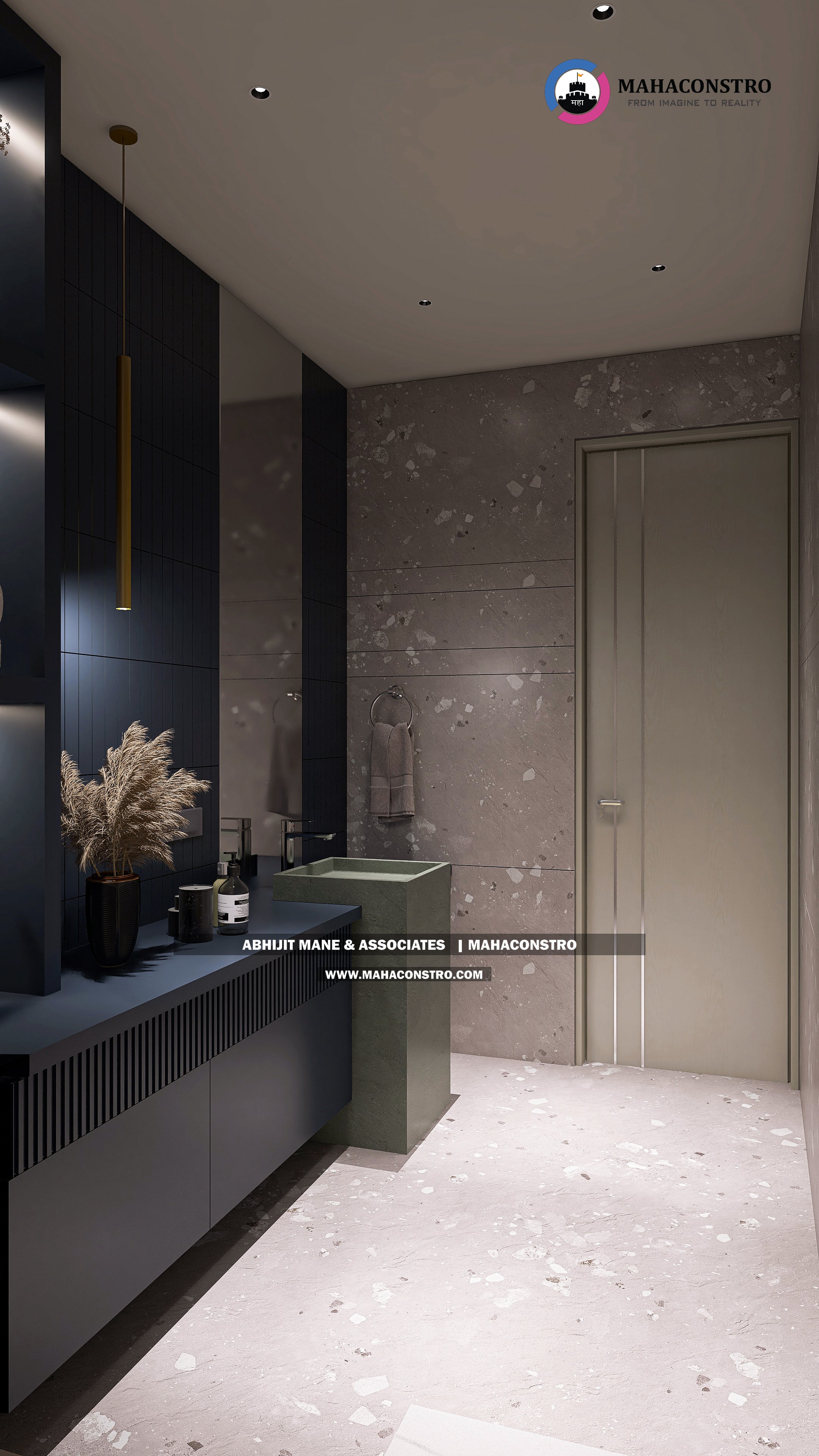 Ultra-luxury bungalow lounge in Parite, Solapur, featuring designer seating, a decorative water feature, and statement ceiling lighting by Mahaconstro Architects.