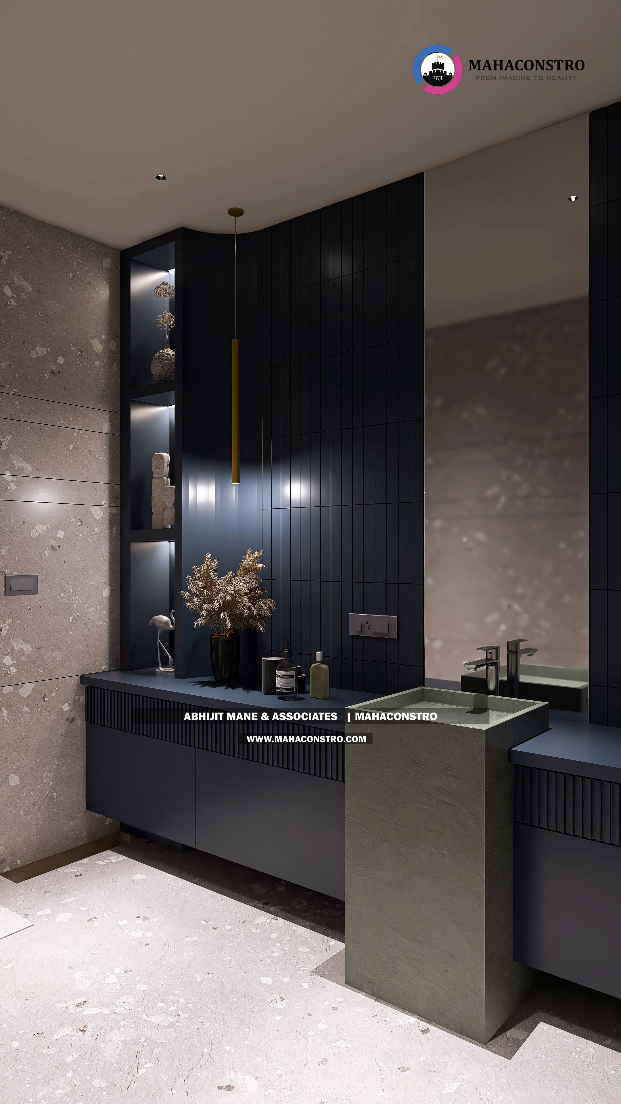Ultra-luxury bungalow lounge in Parite, Solapur, featuring designer seating, a decorative water feature, and statement ceiling lighting by Mahaconstro Architects.
