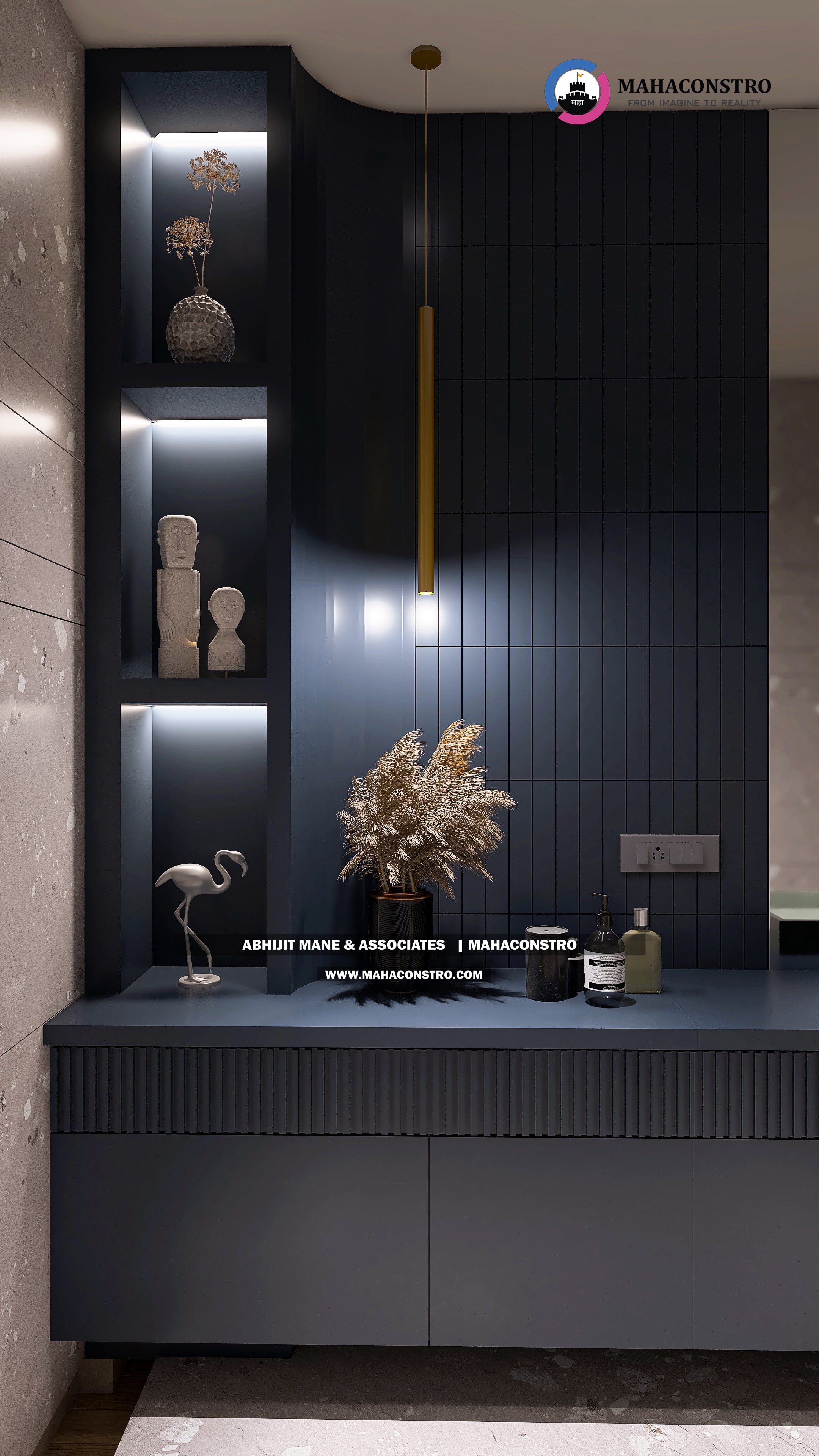 Ultra-luxury bungalow lounge in Parite, Solapur, featuring designer seating, a decorative water feature, and statement ceiling lighting by Mahaconstro Architects.