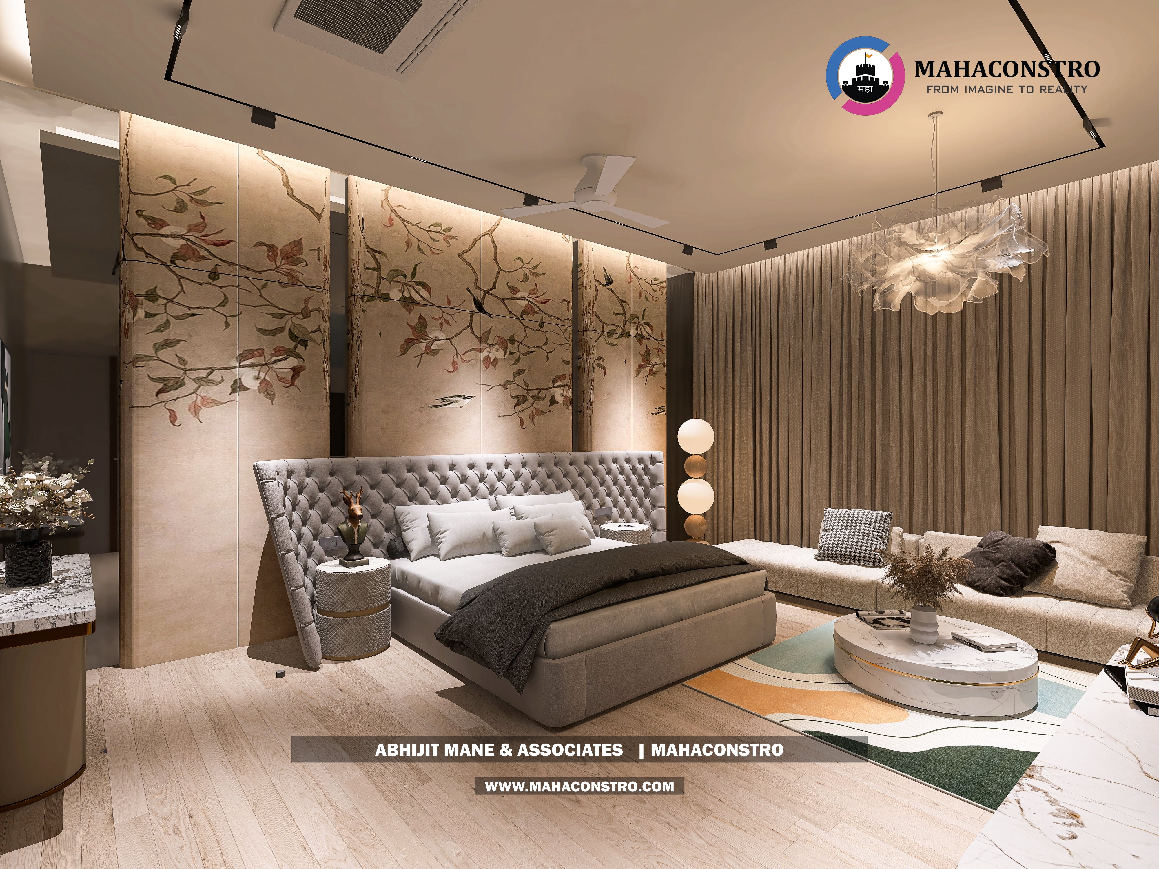 Ultra-luxury bungalow lounge in Parite, Solapur, featuring designer seating, a decorative water feature, and statement ceiling lighting by Mahaconstro Architects.