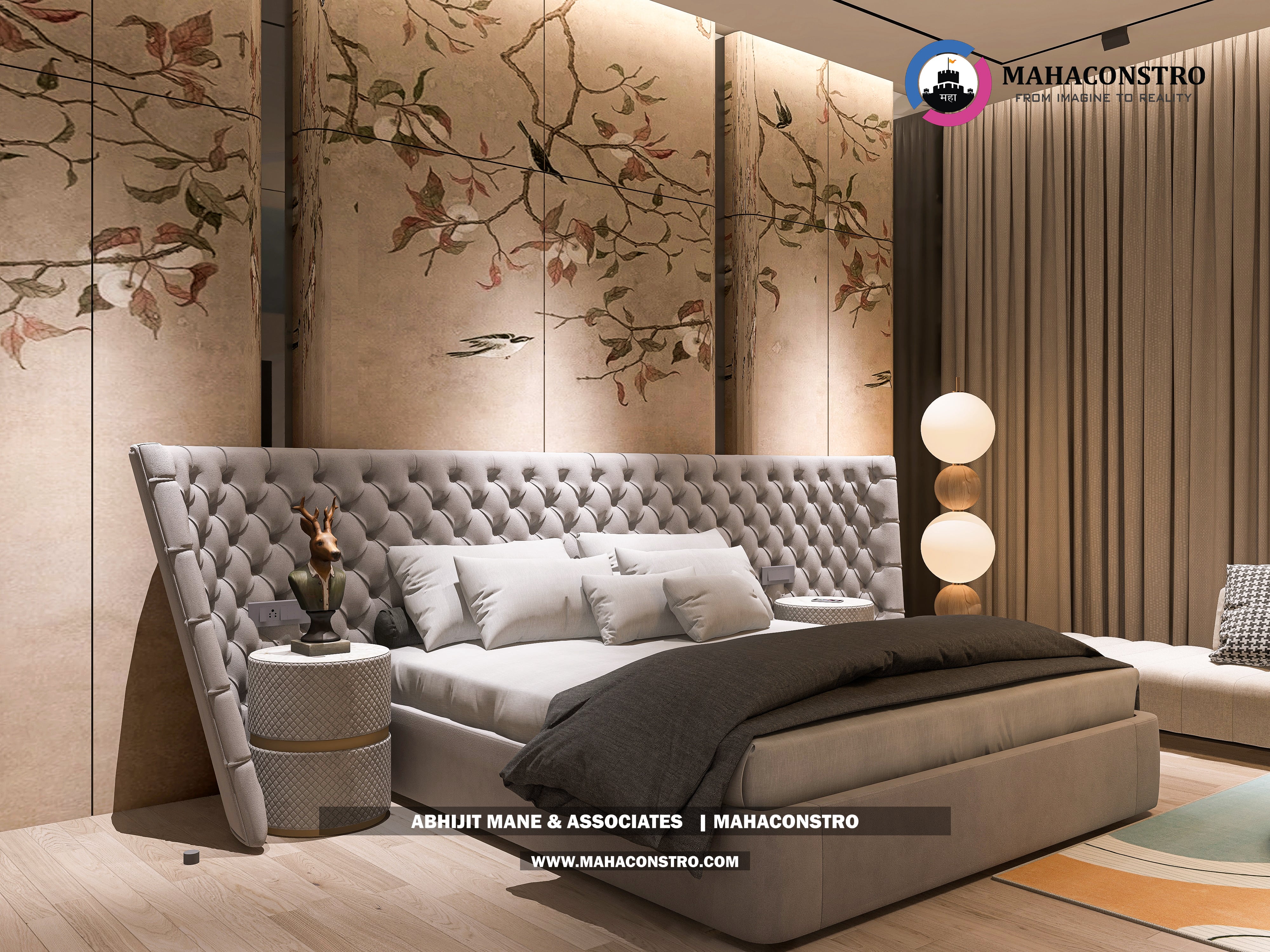 Ultra-luxury bungalow lounge in Parite, Solapur, featuring designer seating, a decorative water feature, and statement ceiling lighting by Mahaconstro Architects.