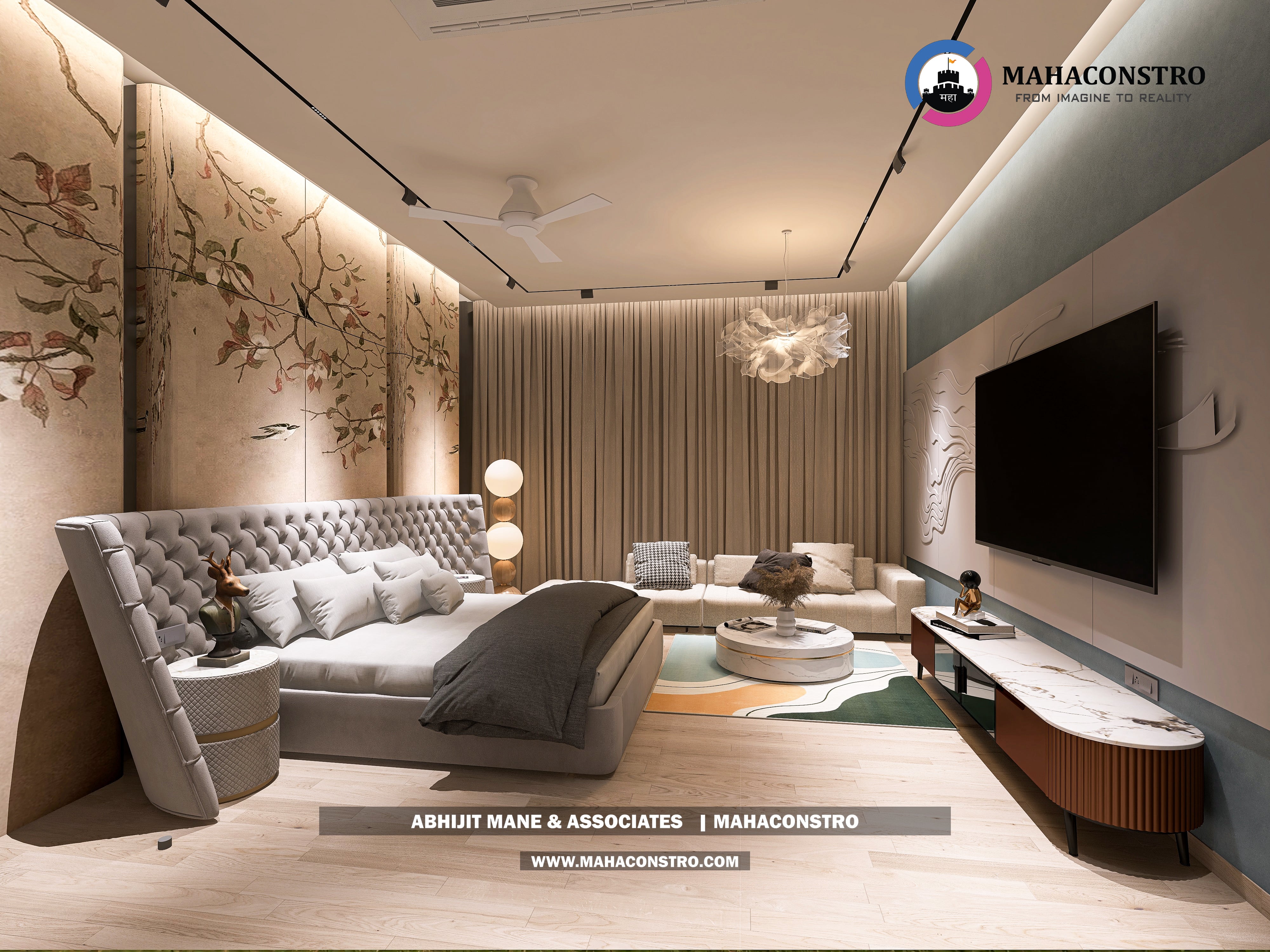 Ultra-luxury bungalow lounge in Parite, Solapur, featuring designer seating, a decorative water feature, and statement ceiling lighting by Mahaconstro Architects.